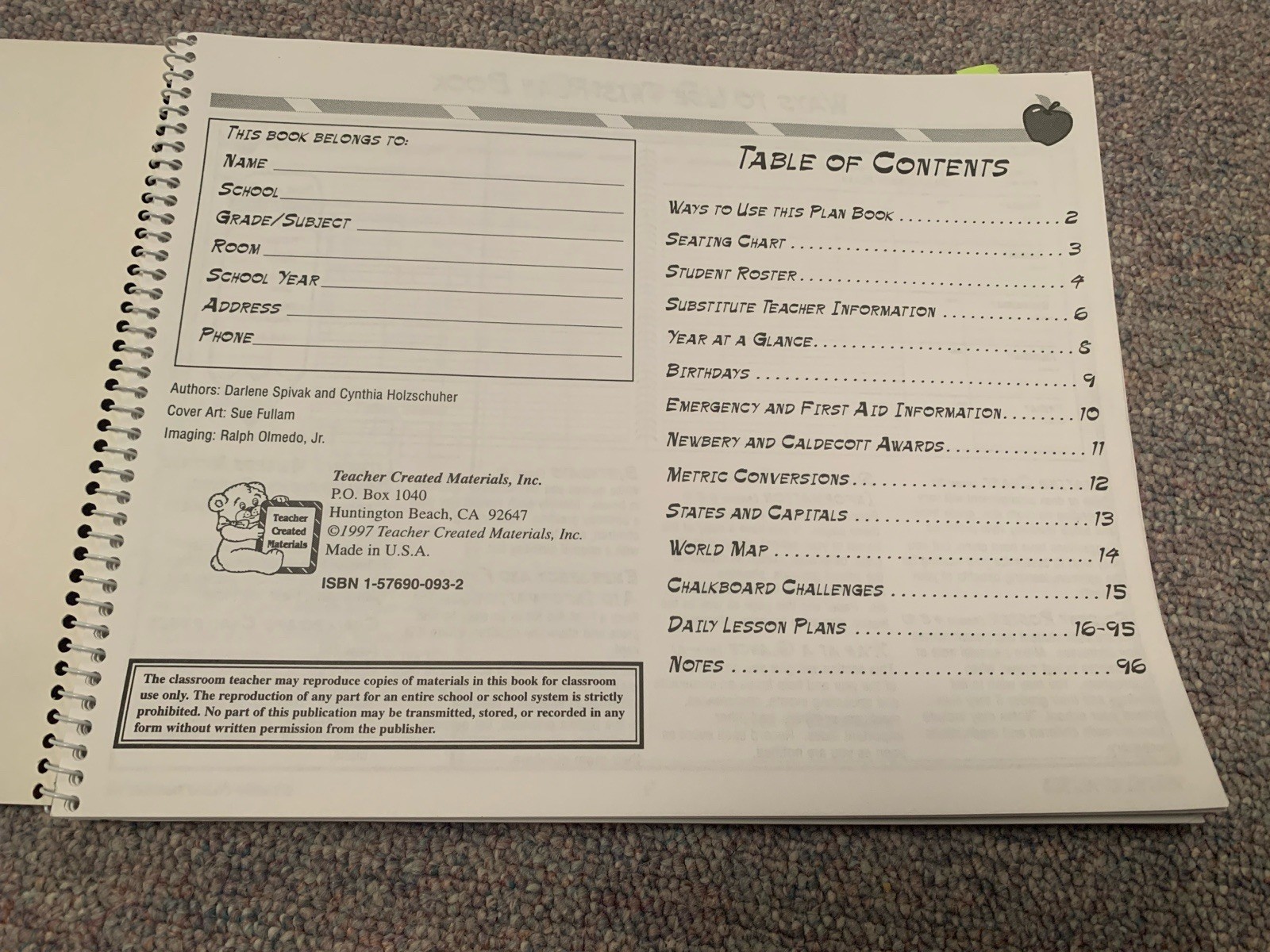 New Un-used Teacher Planner Book Spiral Bound Paperback Not Dated