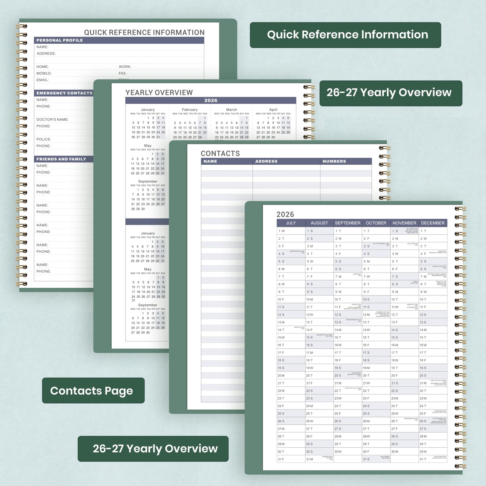 2026-2027 Weekly Appointment Book – Daily Hourly 8.5″ x 11″, Dark Green
