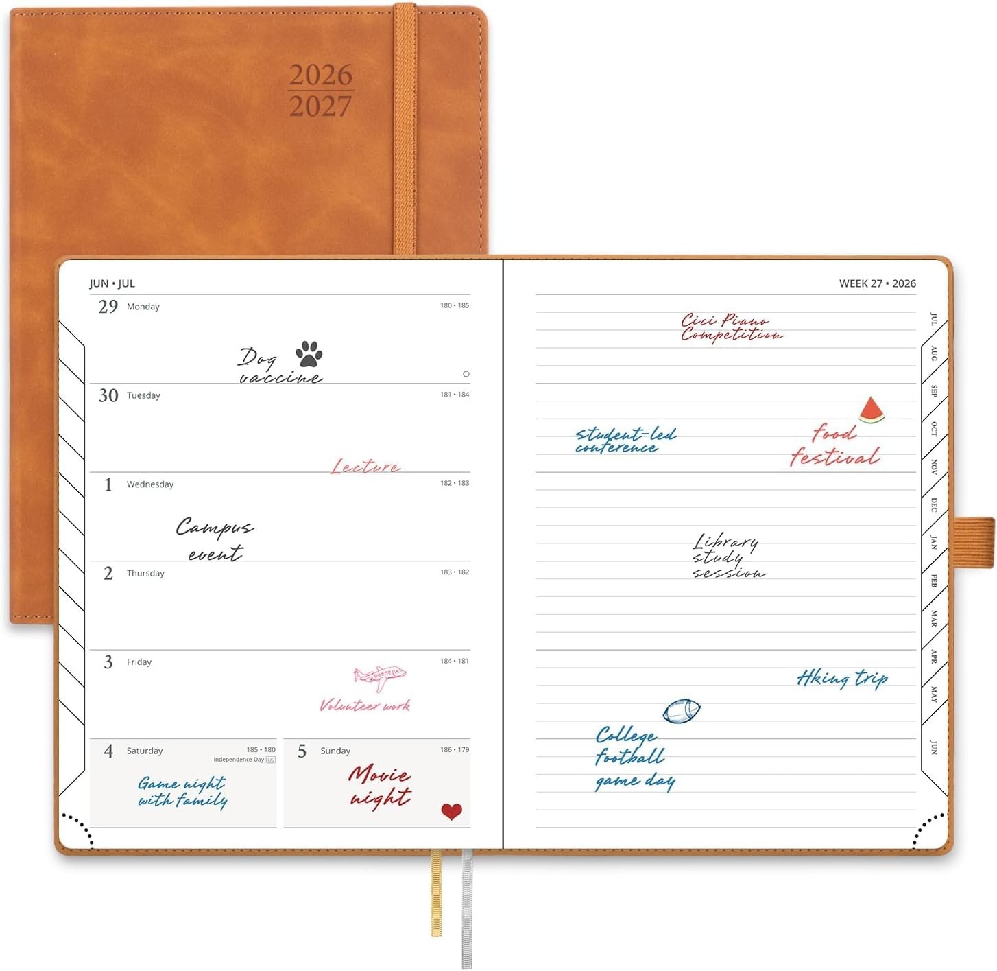 POPRUN 2026-2027 Academic Weekly Planner, 6.5×8.5, Monthly Tabs, Leather Brown