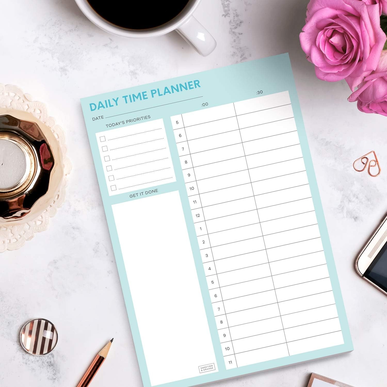 Sweetzer & Orange Time Block Planner. Undated Organizer To Do List Notepad. 7×10