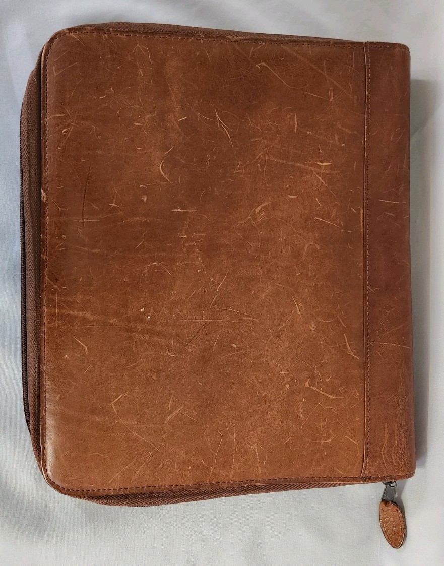 Day Timer Planner Brown Camel Tan Genuine Leather Organizer Binder Zip 3 Rings