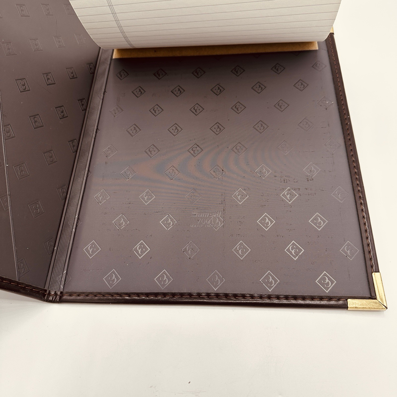 Samsill Leather Padfolio Portfolio Brown Gold Corners Pockets 9.5×12 USA 7001
