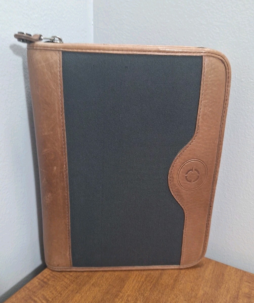 Vtg Franklin Covey Planner Dark Green Canvas Tan Leather Trim 8×10 Zip Closure