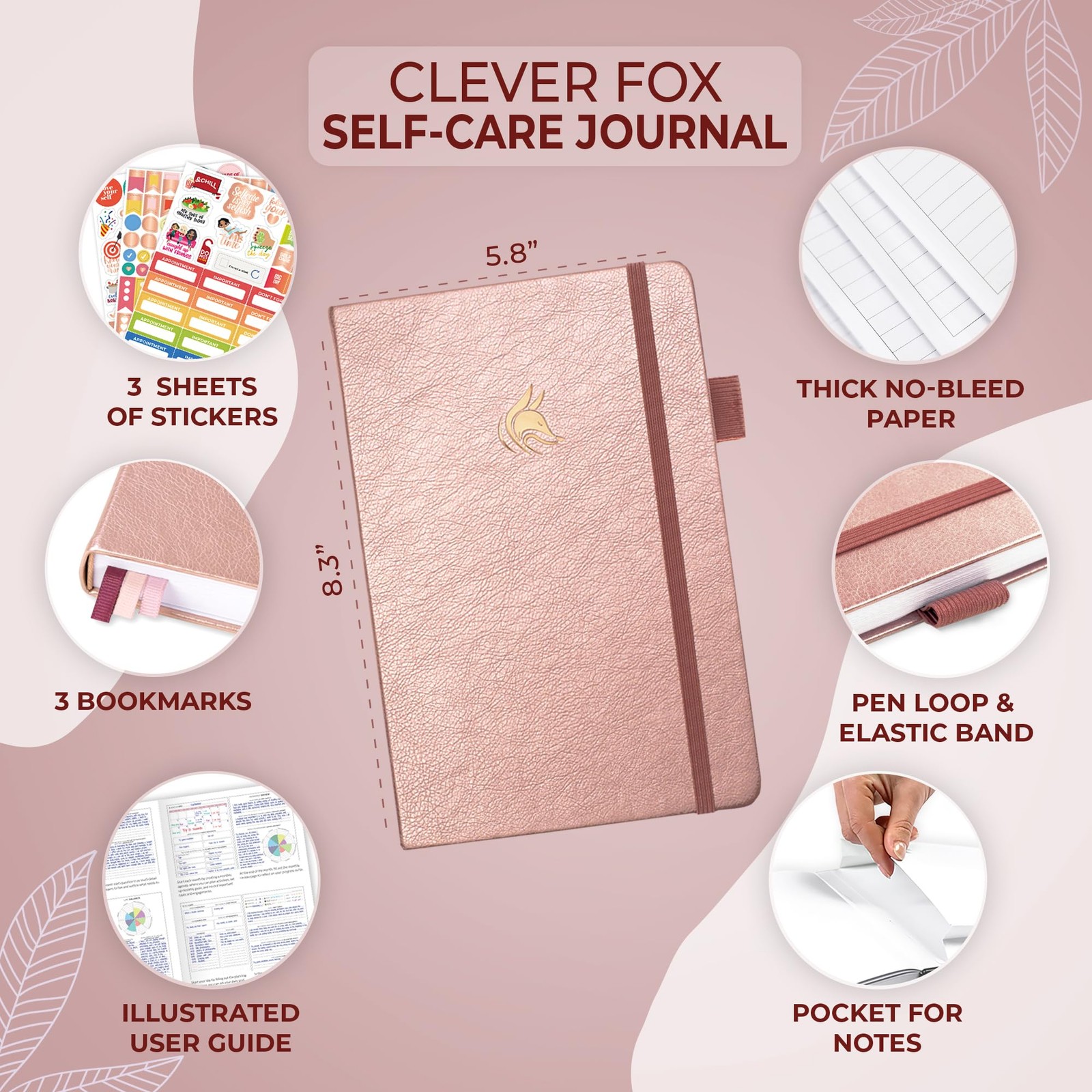 Clever Fox Self-Care Journal – Daily Reflection A5 (5.8” x 8.3”), Rose Gold