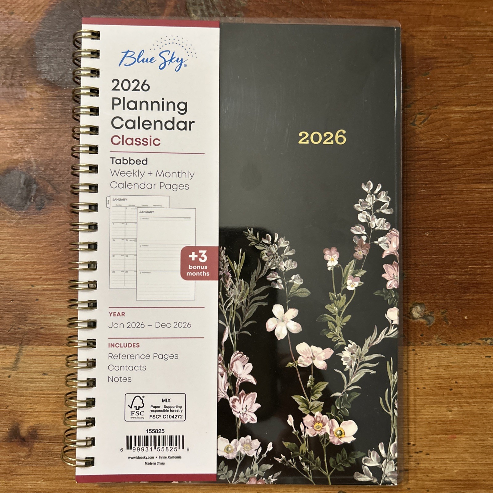BLUE SKY 2026 WEEKLY/MONTHLY PLANNER 8-1/2″ X 11″ 155825 NEW Black Flowers