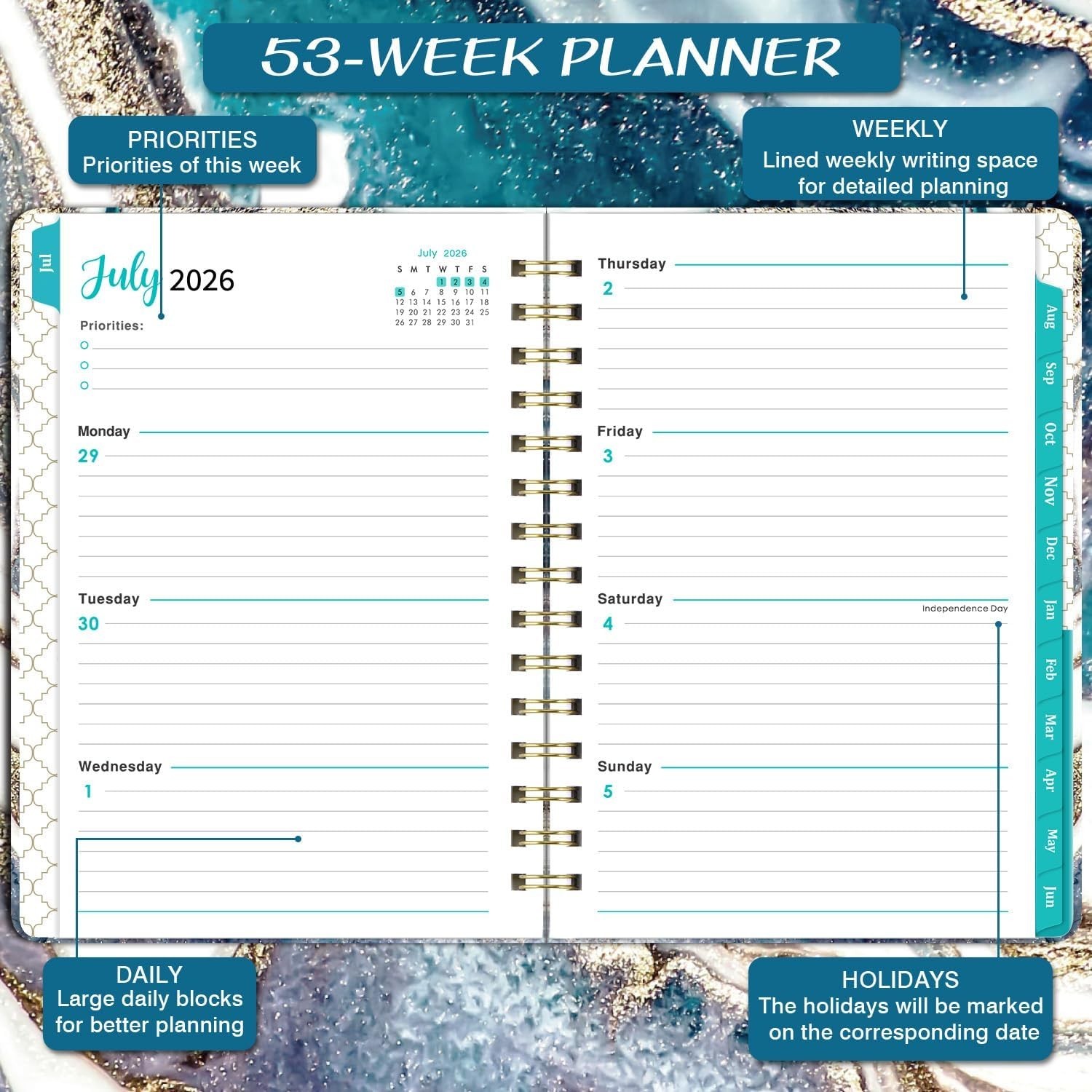 2026-2027 Academic Planner Blue 8.5×6.4 inches Weekly Monthly Tabs Elastic Band