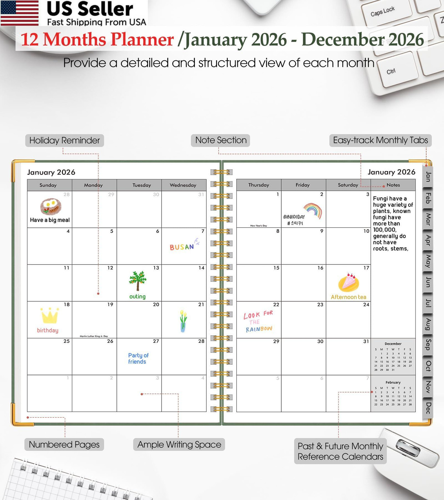 2026 Planner, Weekly and Monthly Calendar A4 (Jan 2026 – Dec 2026), Green