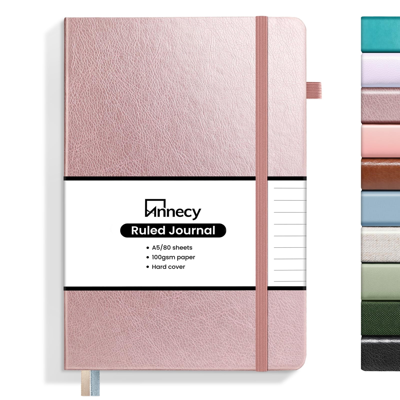 Annecy Lined Journal Notebook, Hardcover Leather A5(5.5x 8.25), Rose Gold