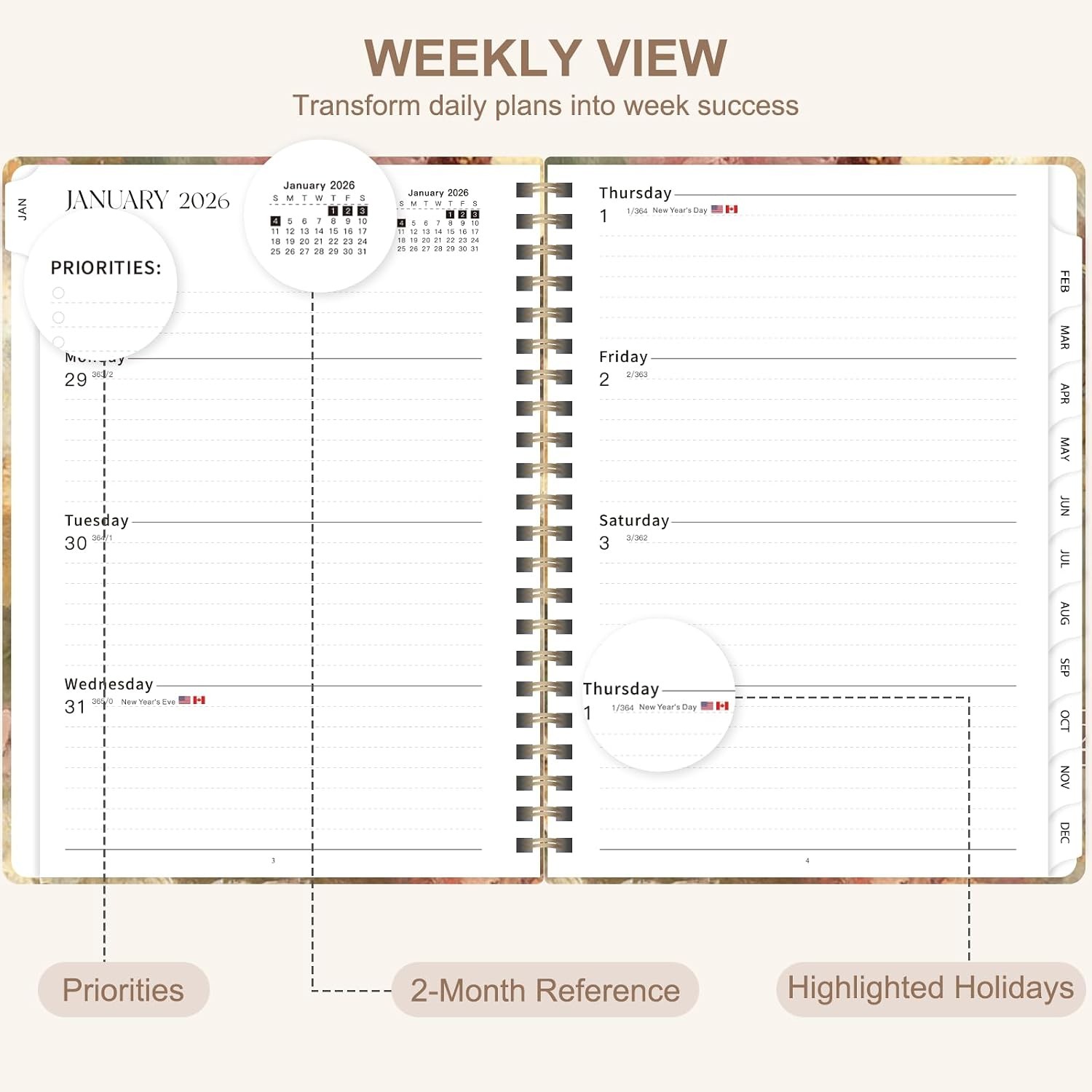 2026 Planner Weekly Monthly Calendar Planner Agenda,Jan 2026 -Dec 2026, Planning