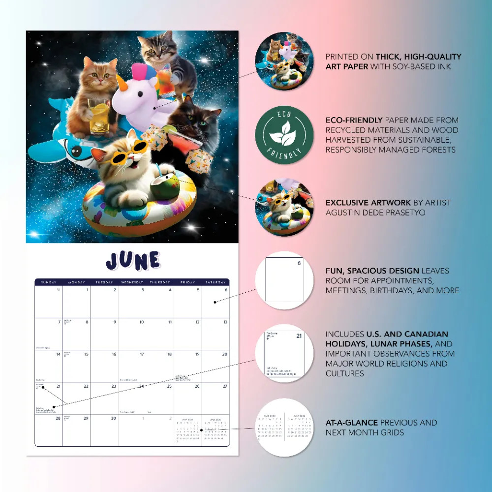 Space Cats Calendar 2026 | 12″ x 24″ 12 Month Calendar | Marble City Press