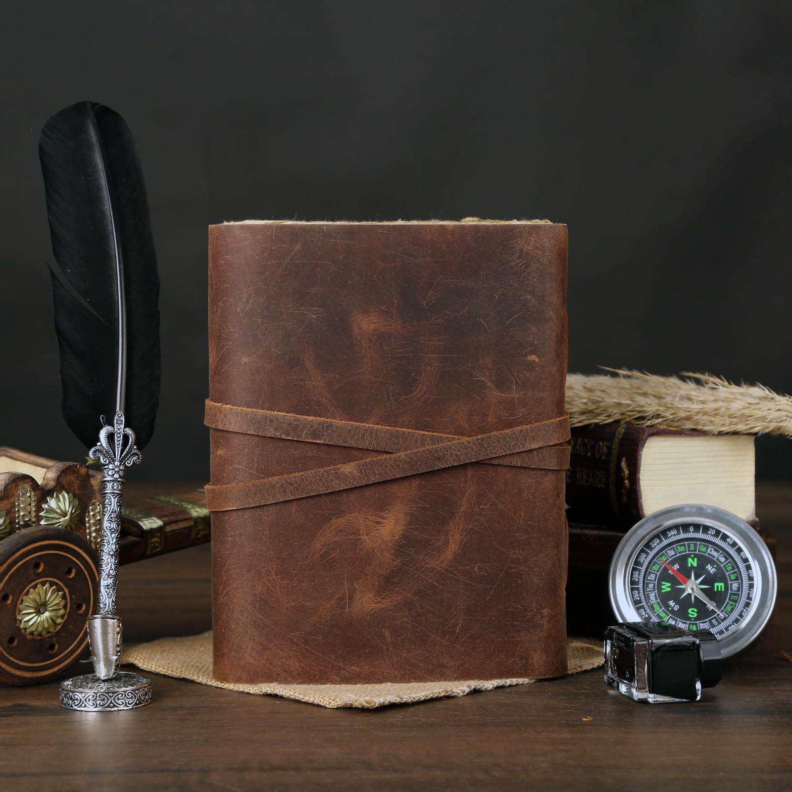 Leather Journal with Deckle Edge Paper 8×6 inch and Vintage Key 8 x 6, Brown