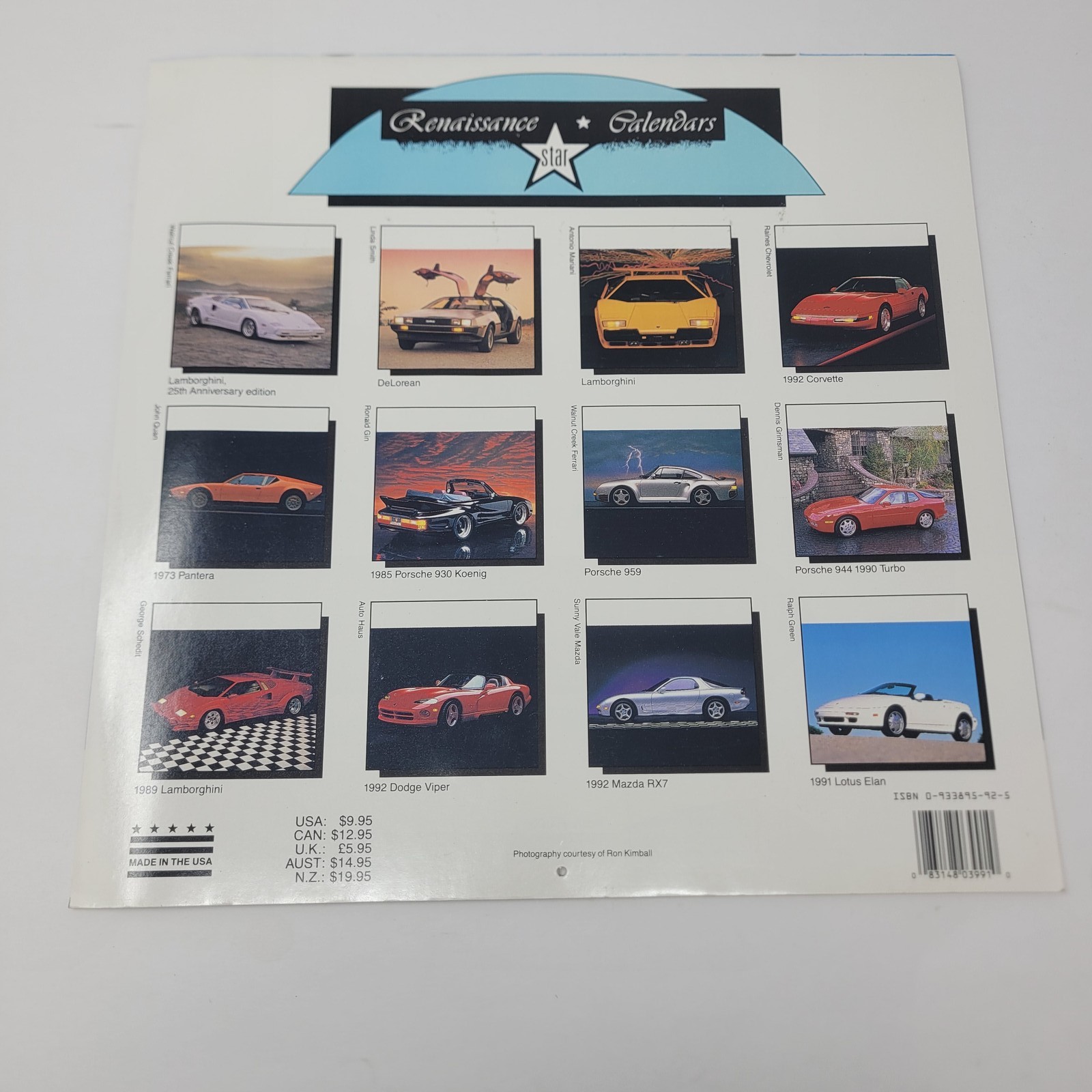 Vintage 1994 Hot Cars 16-Month Wall Calendar Renaissance Star Sports Car