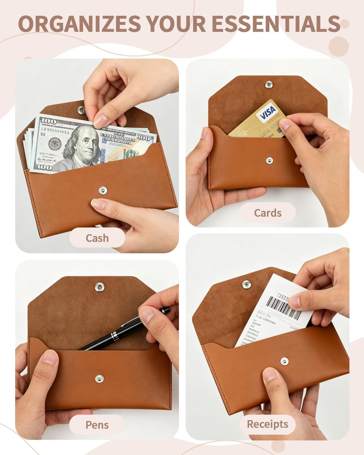 1 Pieces Money Saving Binder, Brown PU Leather Cash Envelopes Cash Wallet, Reusa