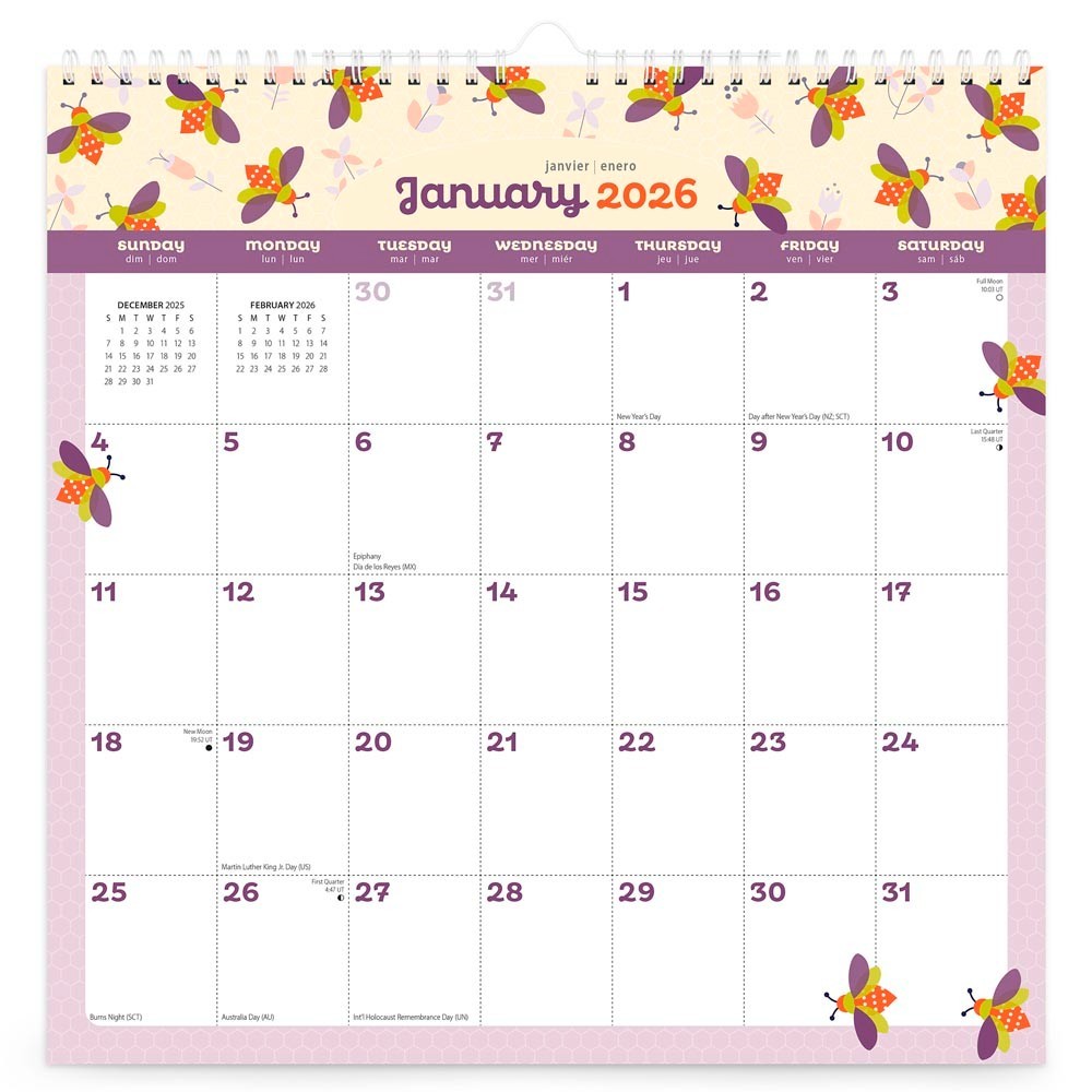 Busy Bees | 2026 12×12″ (Hanging) Monthly Square Wire-O Calendar