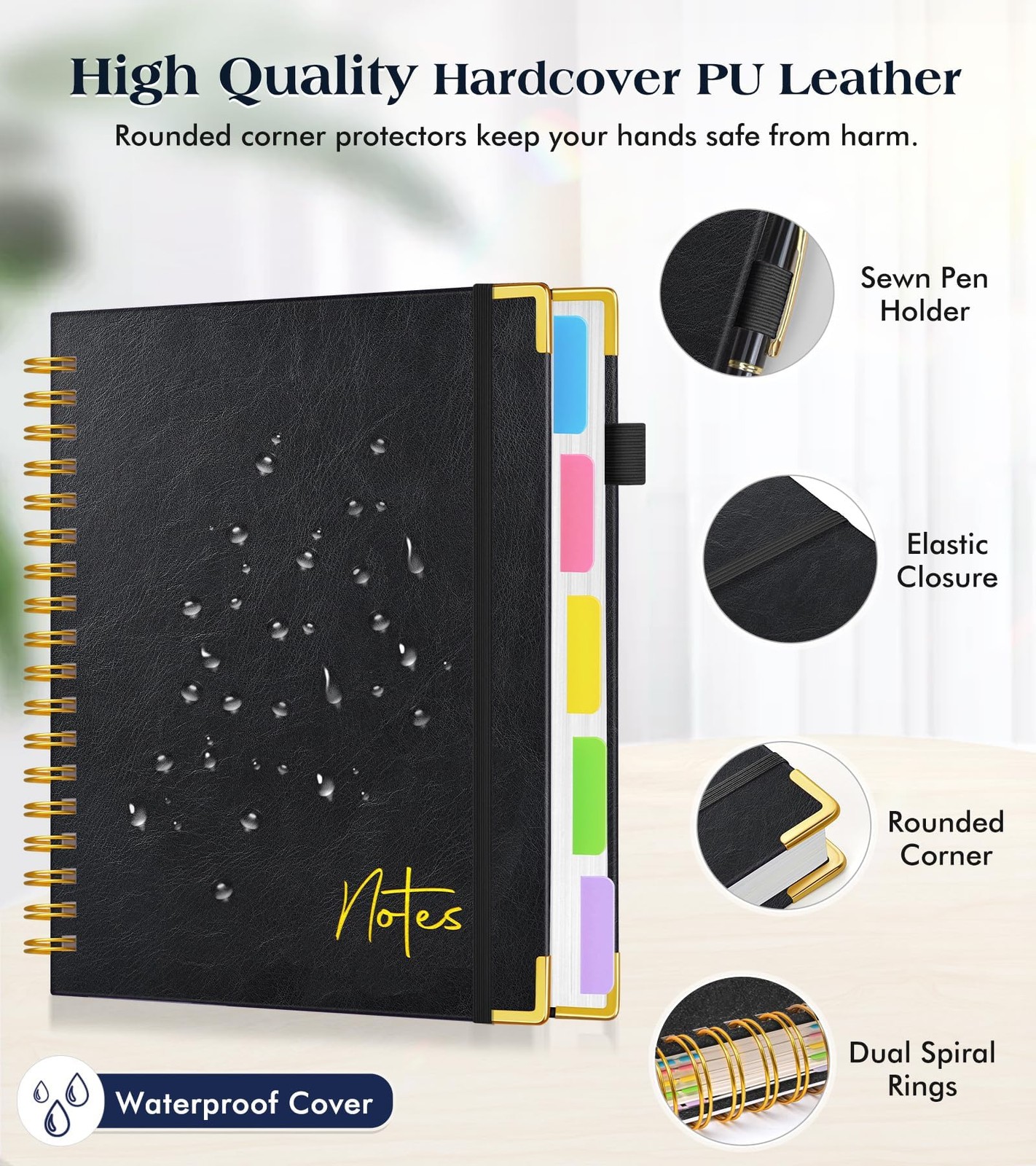 Spiral Notebook Journal with Removable Dividers Tabs, 300 Pages Hardcover Lea…