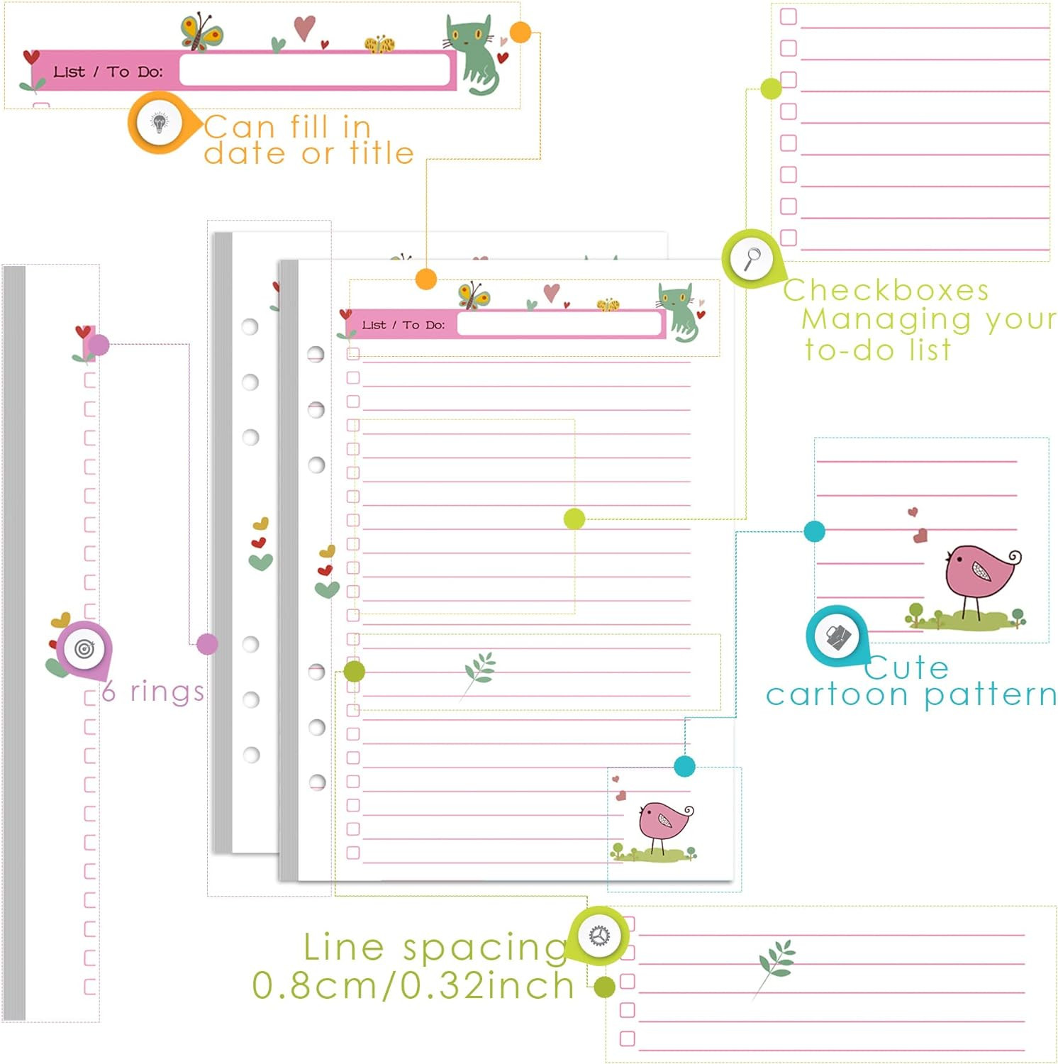A5 Planner Inserts to Do List, 90 Pages Colorful 6-Ring Loose-leaf Planner Refil