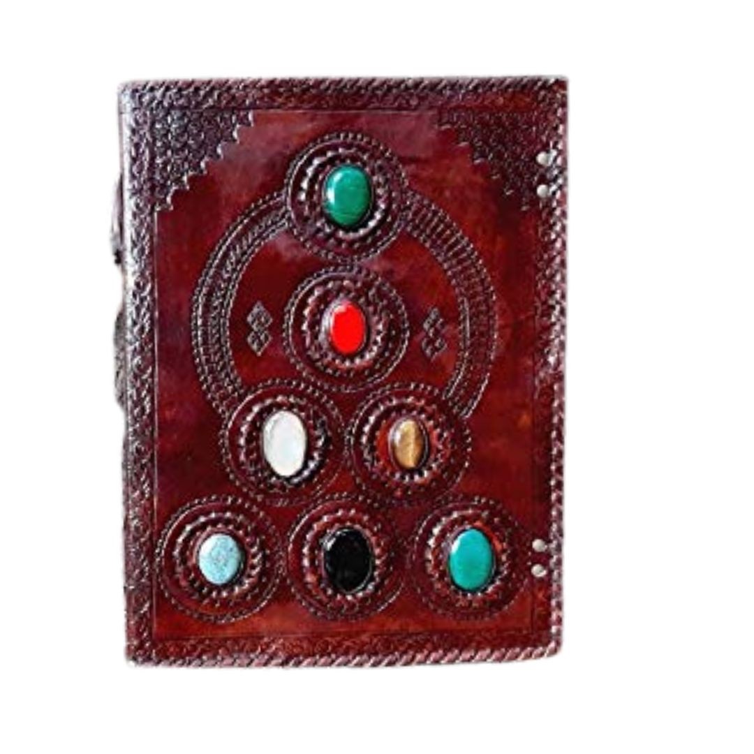 Handmade Vintage Leather Journal – Chakra Embossed Seven Stone Notebook 10×13″