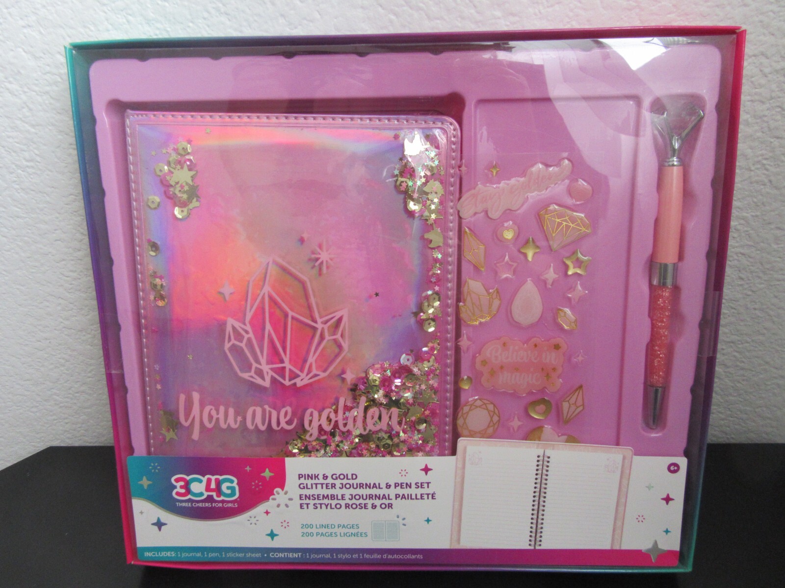 3C4G-Three Cheers for Girls Pink & Gold Glitter Journal-Stickers & Pen Set NIB