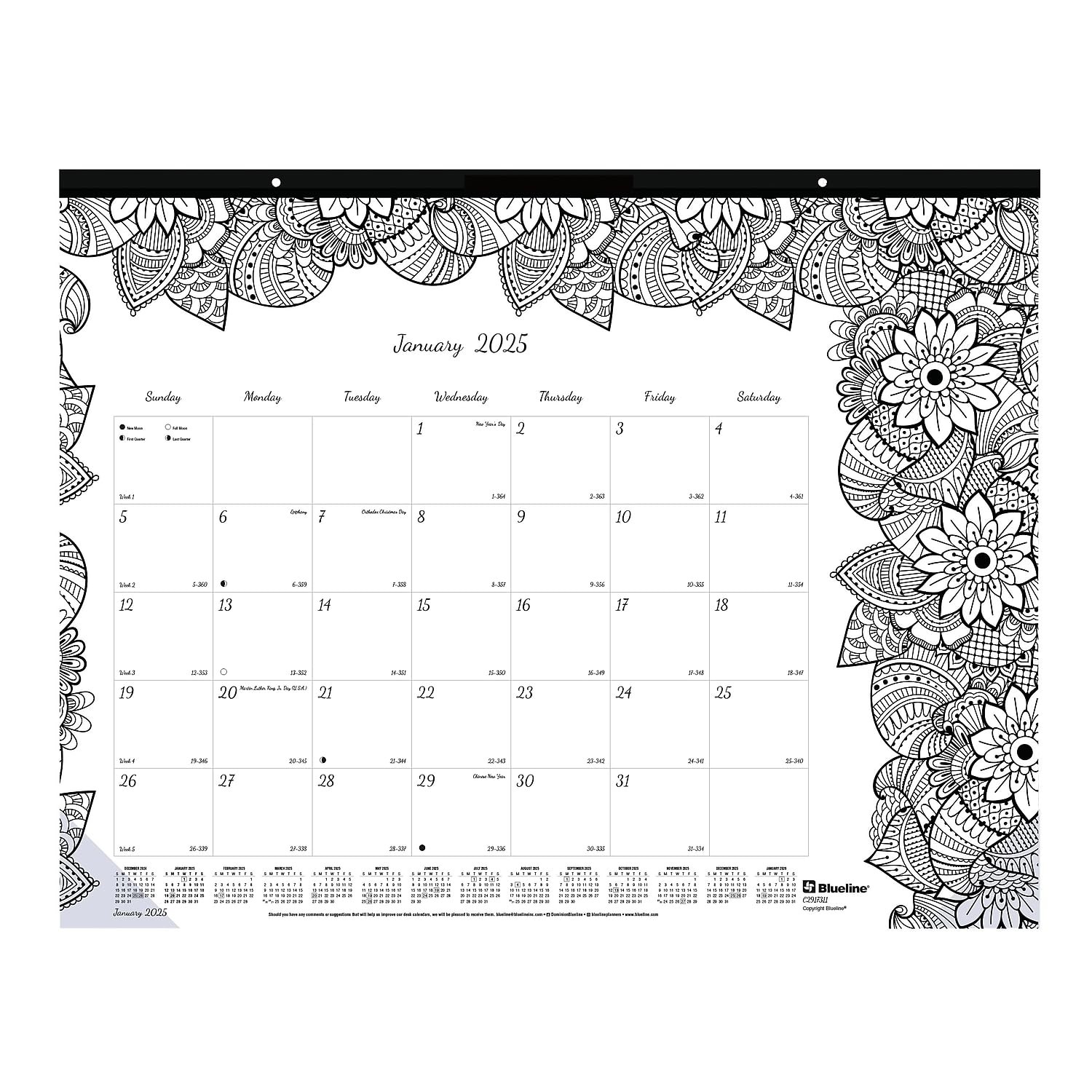 2025 Blueline DoodlePlan Botanica 22-inch x 17-inch Monthly Coloring Black