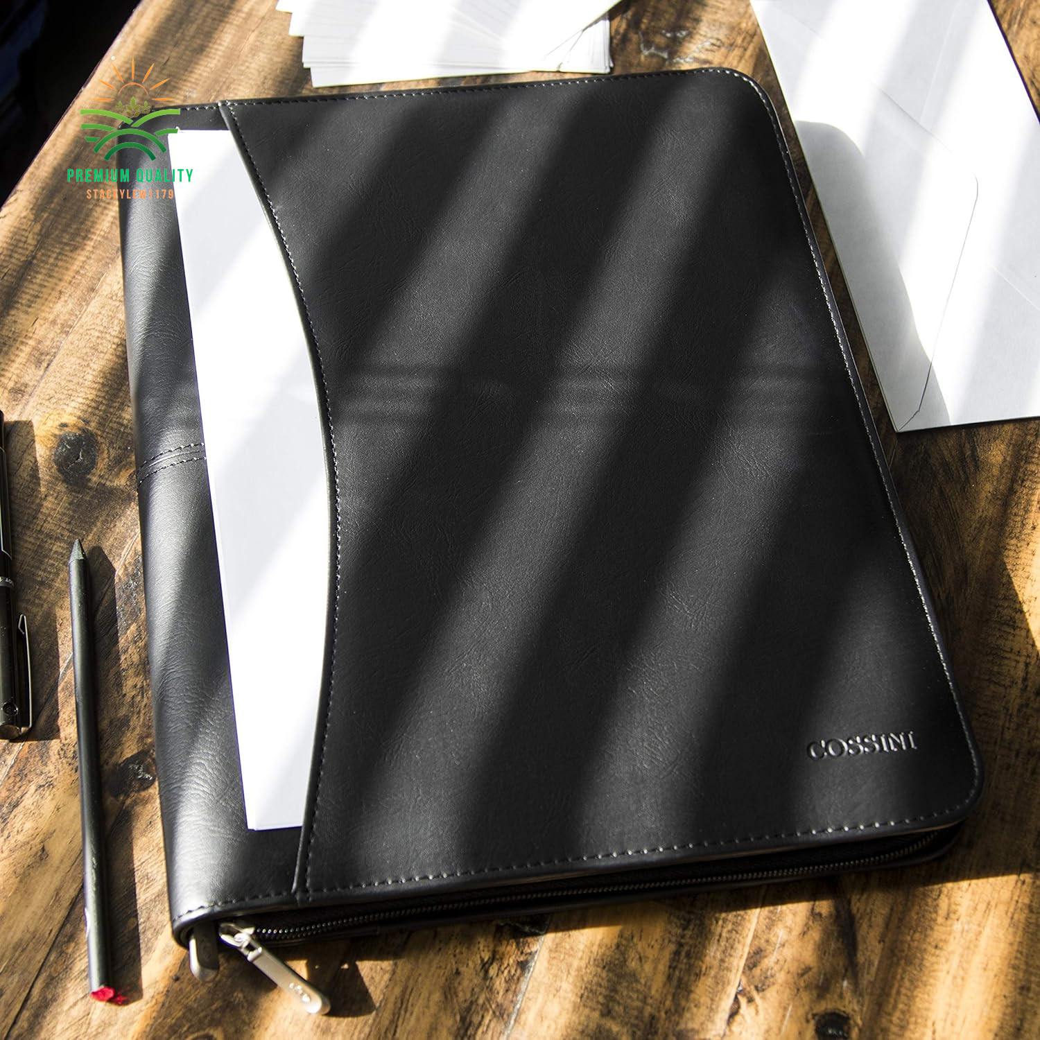 Black Leather Business Portfolio with Zipper–Padfolio – 10.1 Inch Tablet Sleeve
