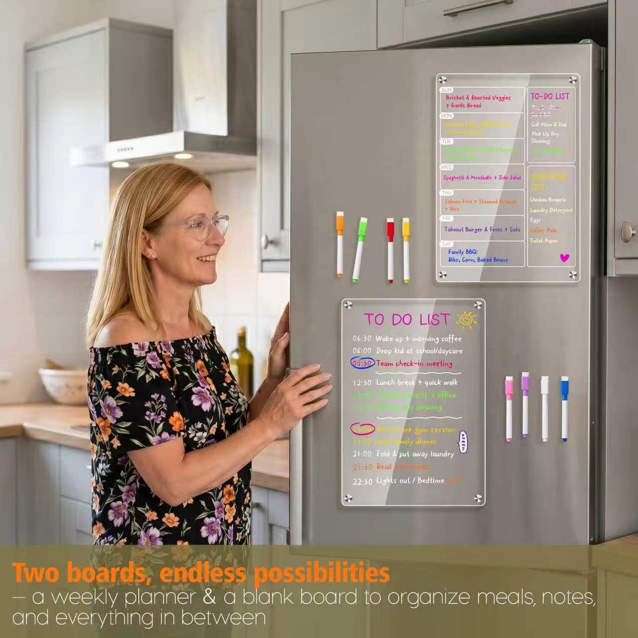2 Pack Magnetic Acrylic Weekly Meal Planner Fridge Whiteboard Set with Markers