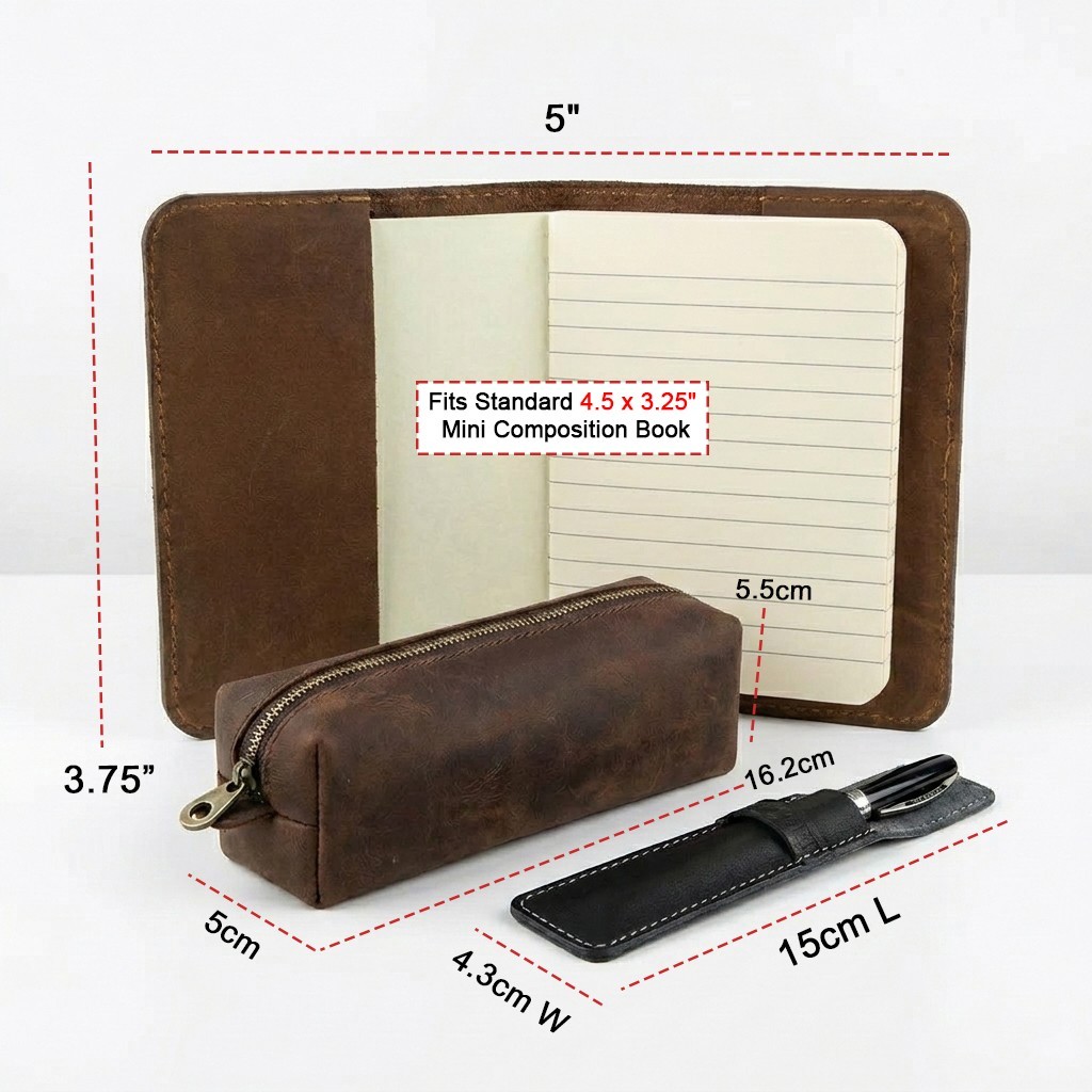 Pocket Notebook Leather Refillable Mini Composition Book Cover with Pencil case