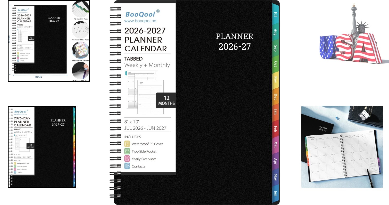 2026-2027 Planner for Academic Use – Black Waterproof Cover, Wirebound, 8″ x 10″