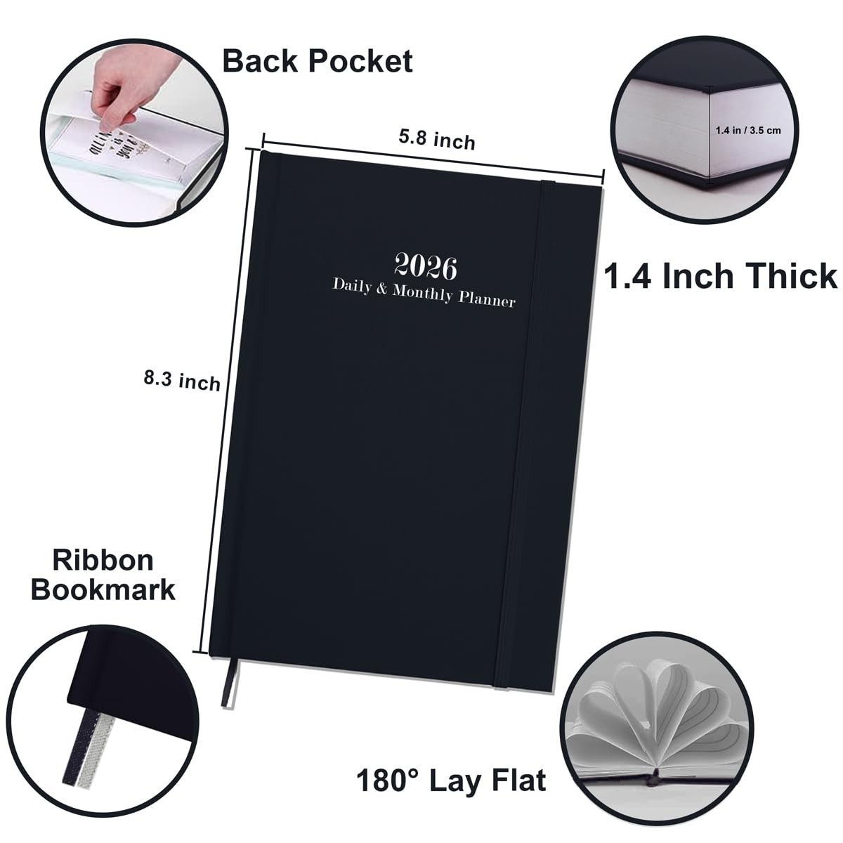 2026 Daily & Monthly Planner – 2026 One 5.8” x 8.3”, Black