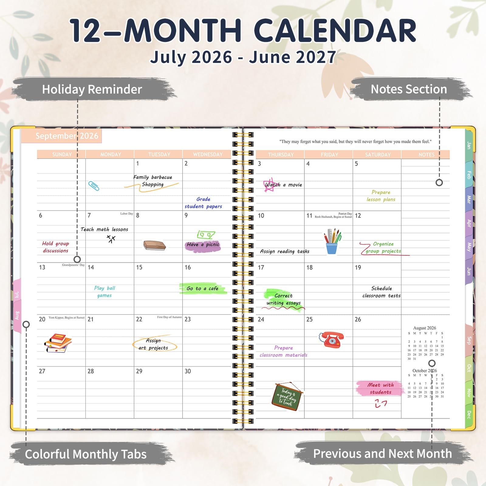 Teacher Planner 2026-2027 Academic Year, July 2026-June 2026-2027, Red Flower