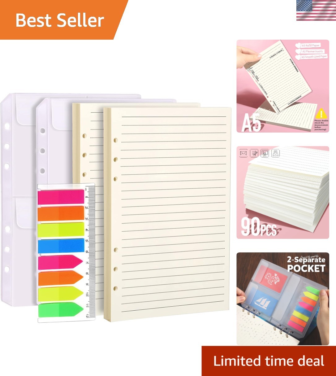 A5 Planner Inserts – 90 Sheets Loose Leaf Paper with Binder Pockets & Index Tabs
