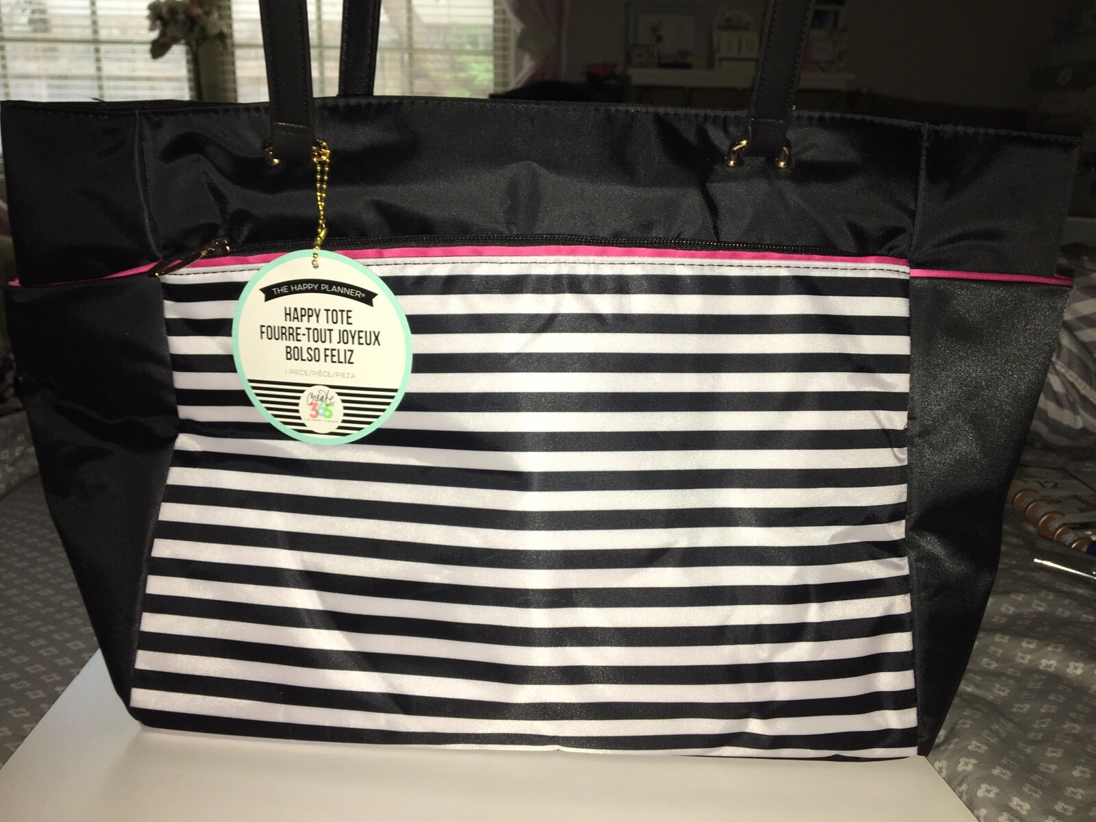 *NEW CREATE 365 MAMBI HAPPY PLANNER NYLON TOTE BLACK WHITE STRIPES HOT PINK*