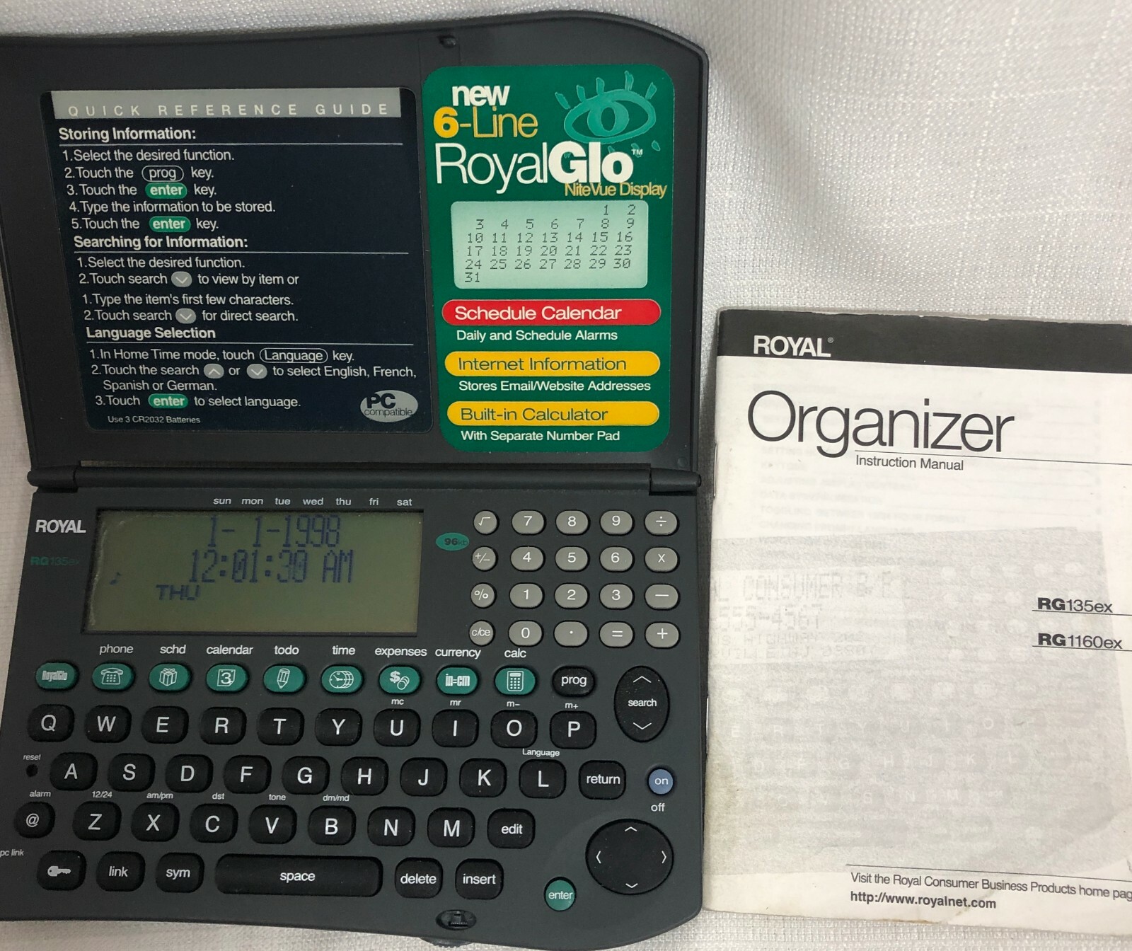 Royal RG 135EX RoyalGlo Display Personal Organizer Manual Batteries