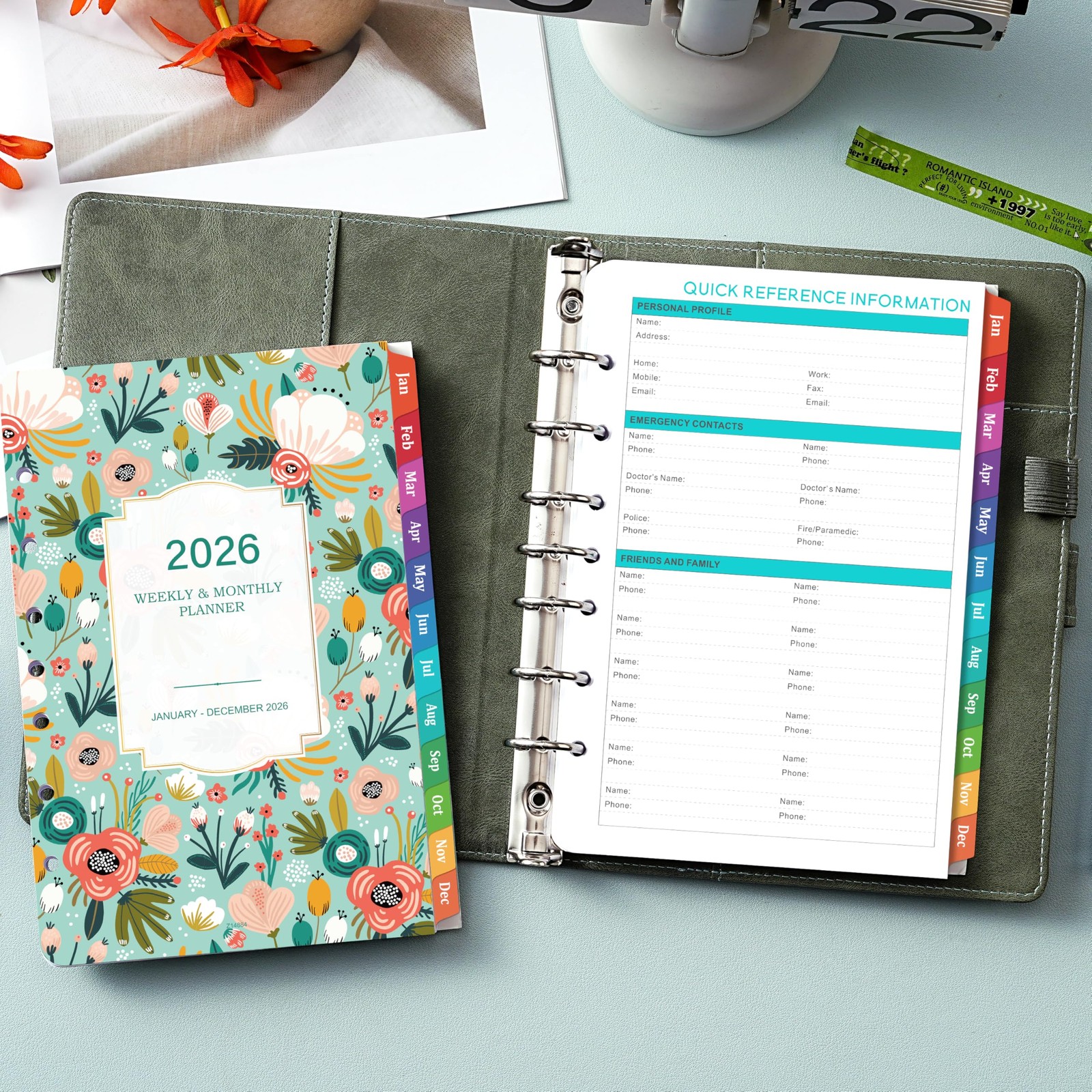 2026 Planner Refills – 7 Punched Holes 2026 Weekly Monthly A5, Green
