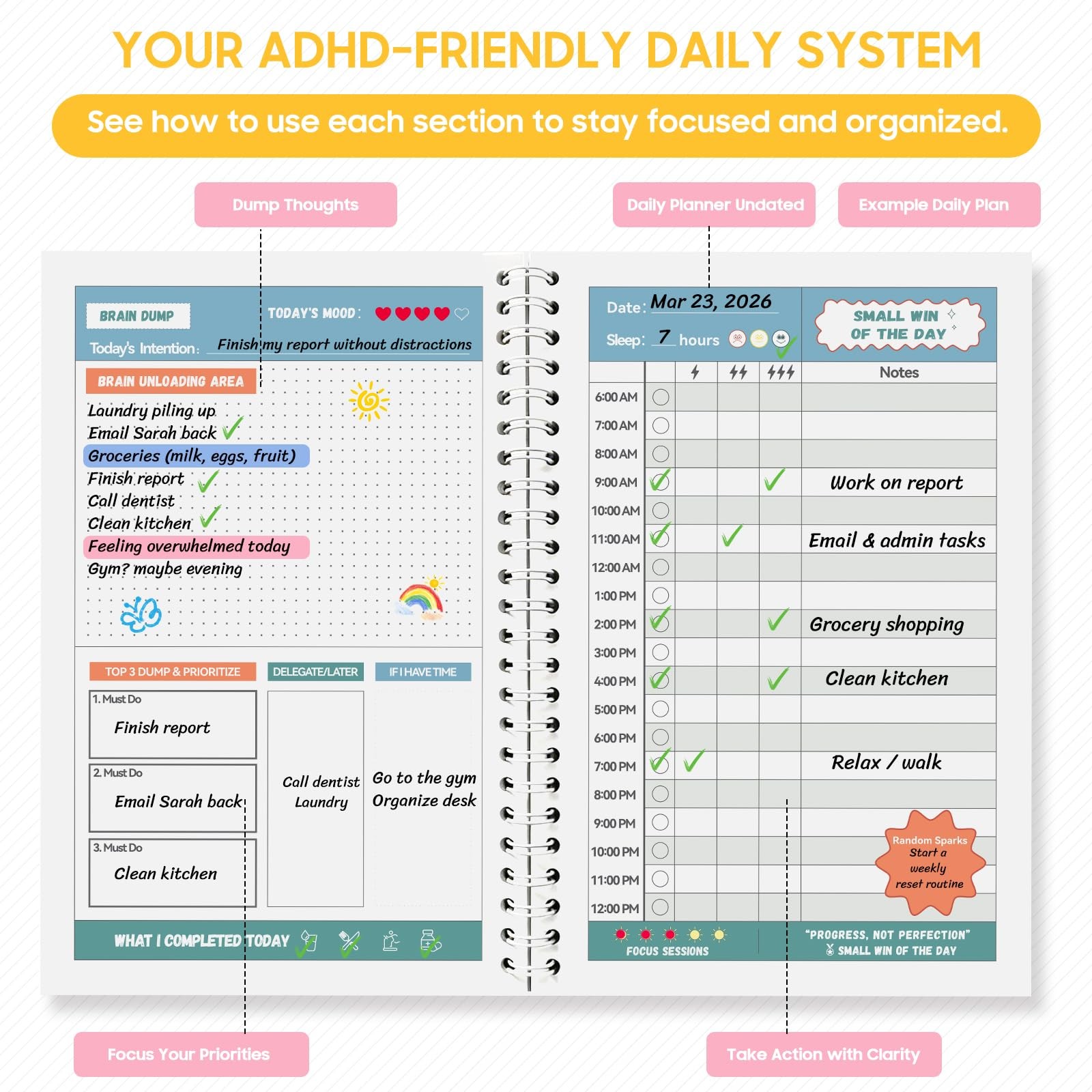 Adhd Planner For Adults And Teens, Undated Daily Spiral Planner With Brain Dump