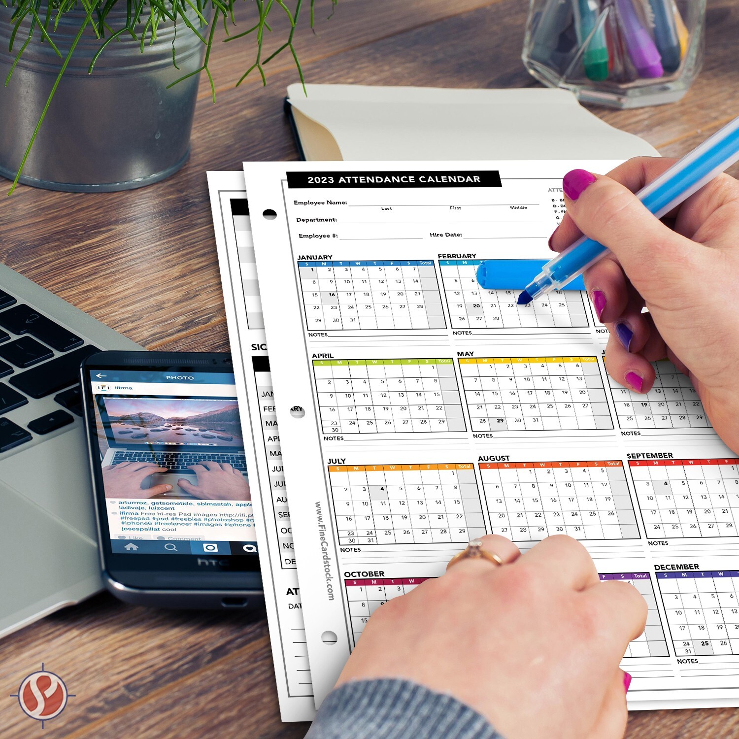 2023 Attendance Calendar Cardstock, Employee Work Tracker, 8.5 x 11, 50 Qty
