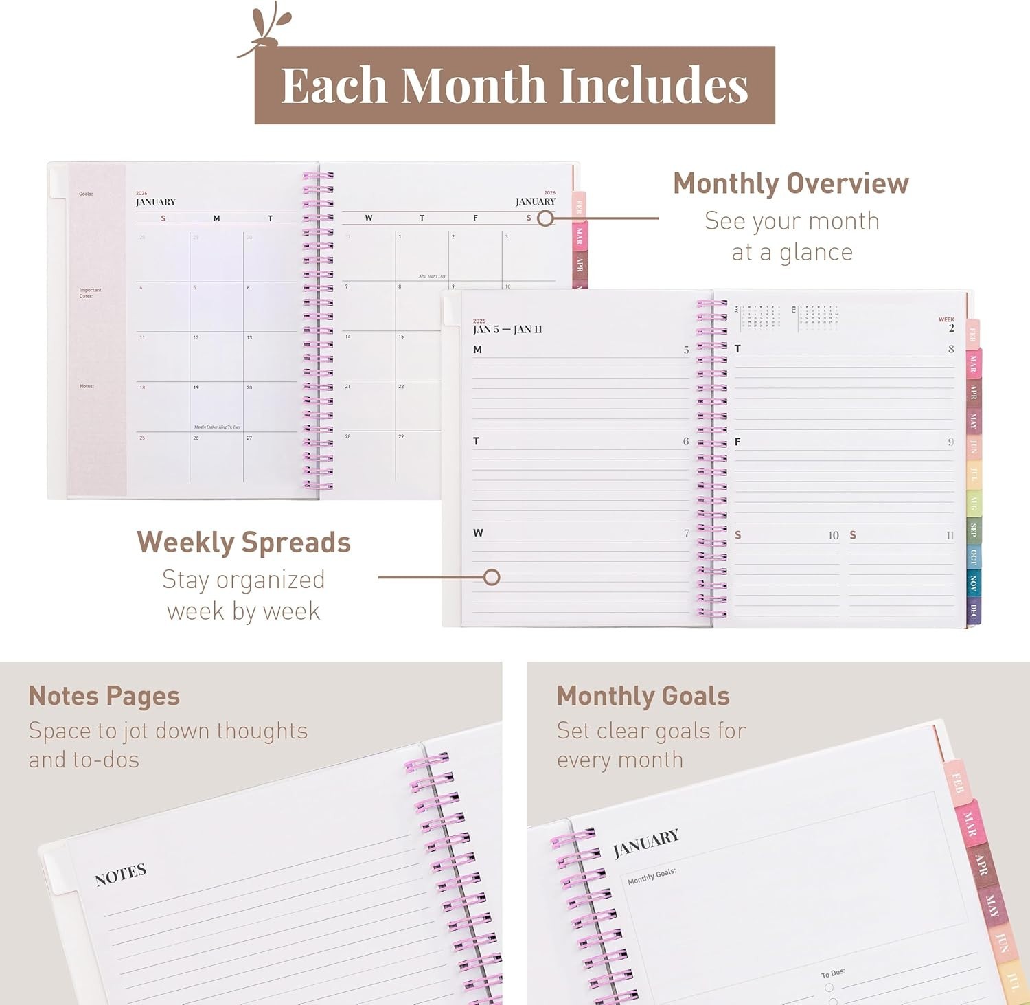 Durable 2026 Calendar Planner with Holidays, Goals, & Generous Writing Space