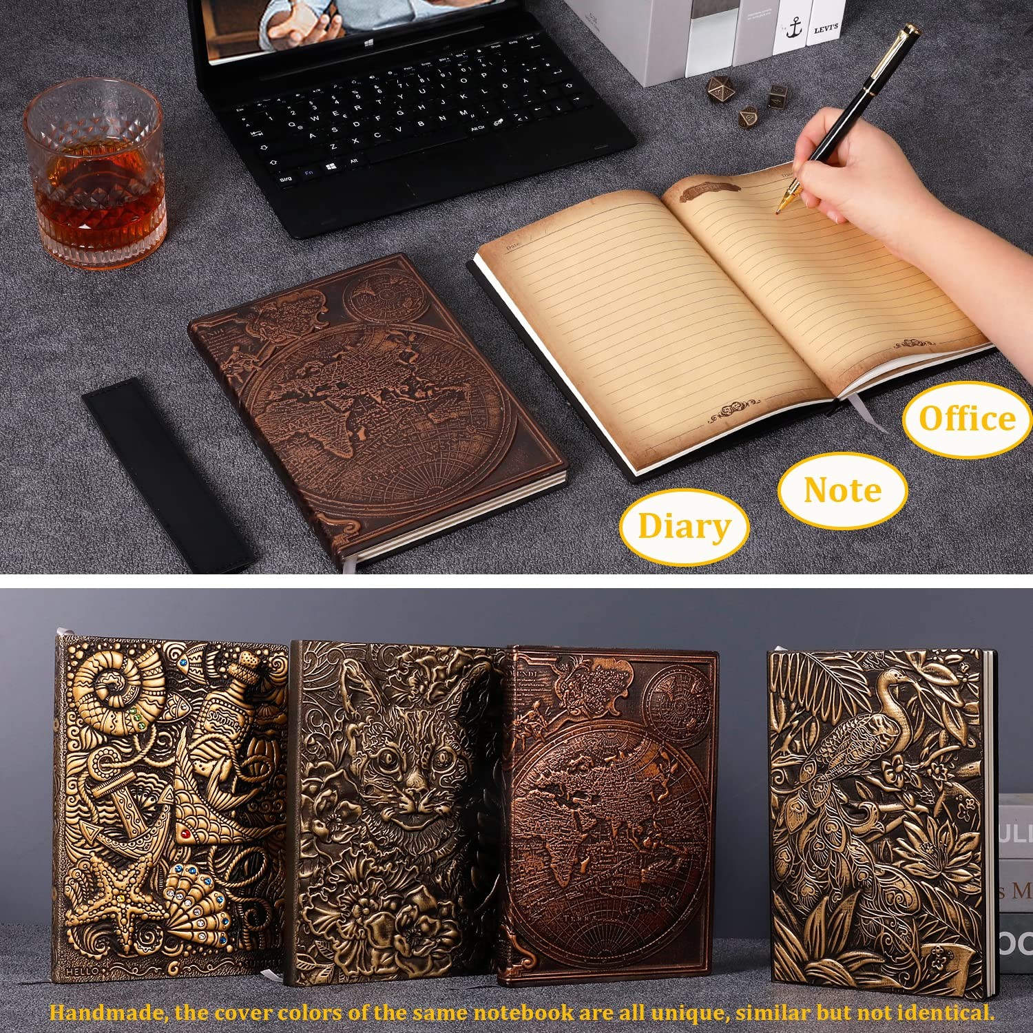 FEIDIAO Vintage Map Embossed Leather Notebook Travel red copper map
