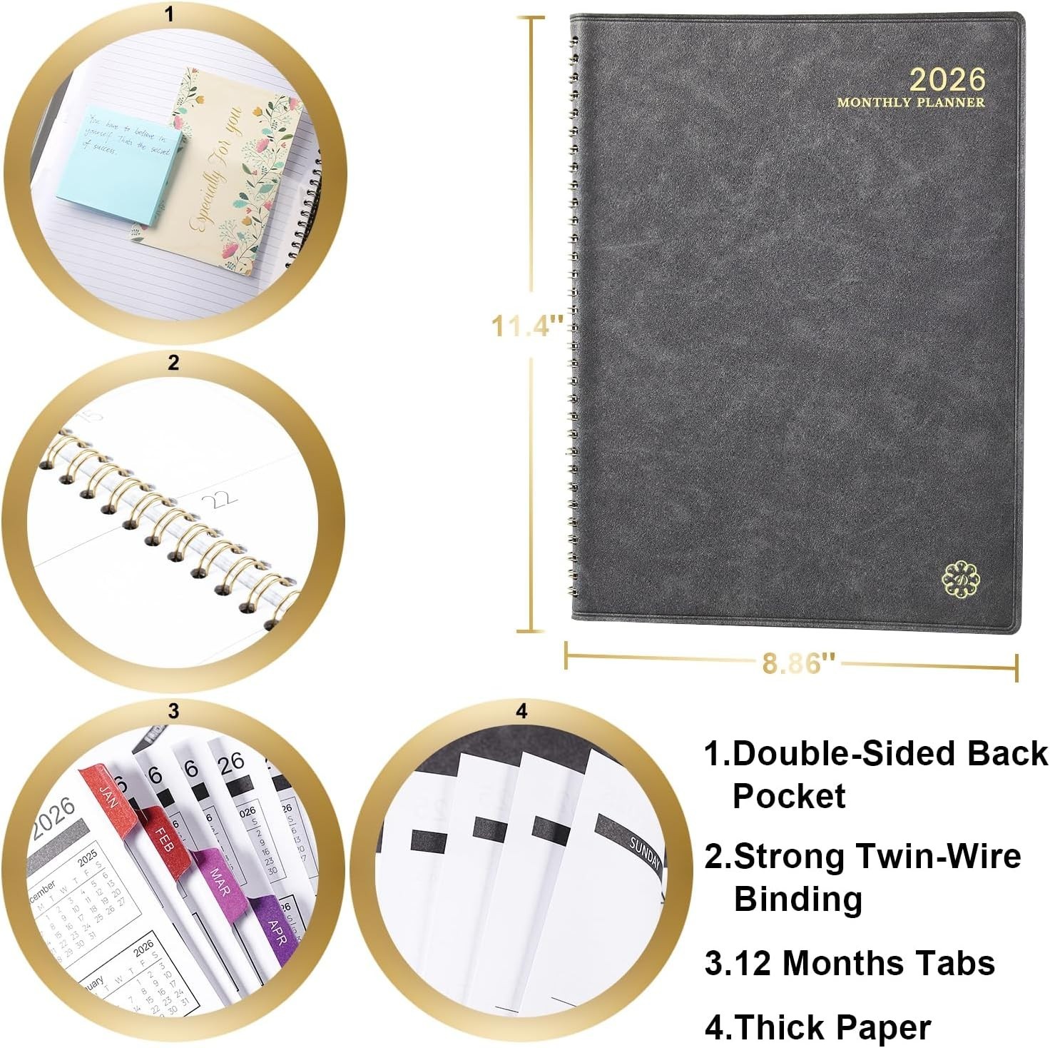 Monthly Planner Jul 2024-Dec 2025 Leather Cover 18Month Planner 9″x11″, Grey