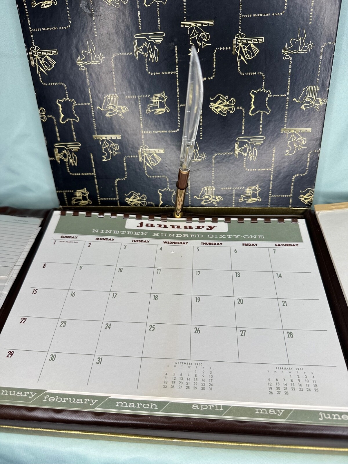 VINTAGE 1961 PLANNER CALENDAR ADDRESS BOOK PAPER PEN LETTER OPENER PLASTIC CASE