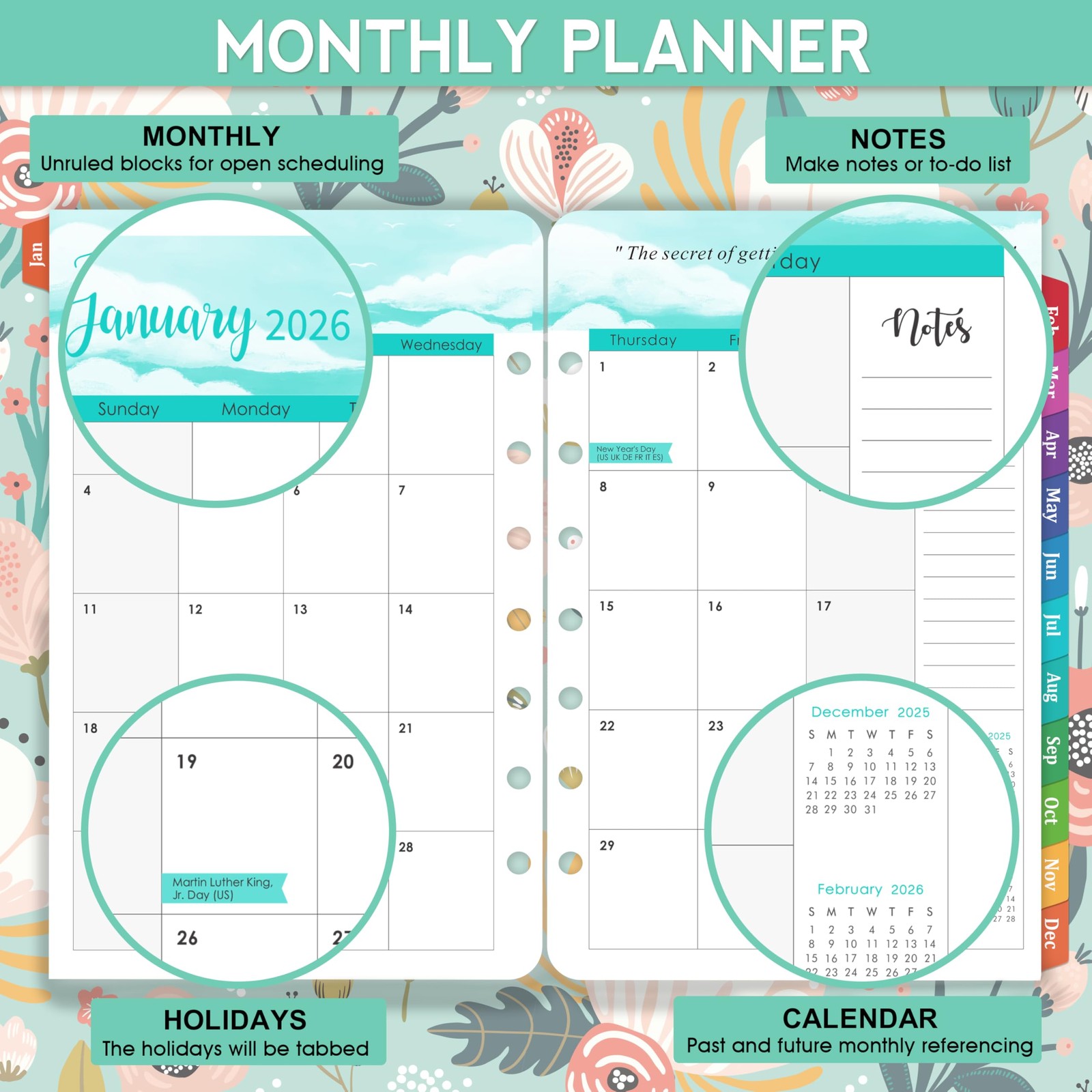 2026 Planner Refills – 7 Punched Holes 2026 Weekly Monthly A5, Green