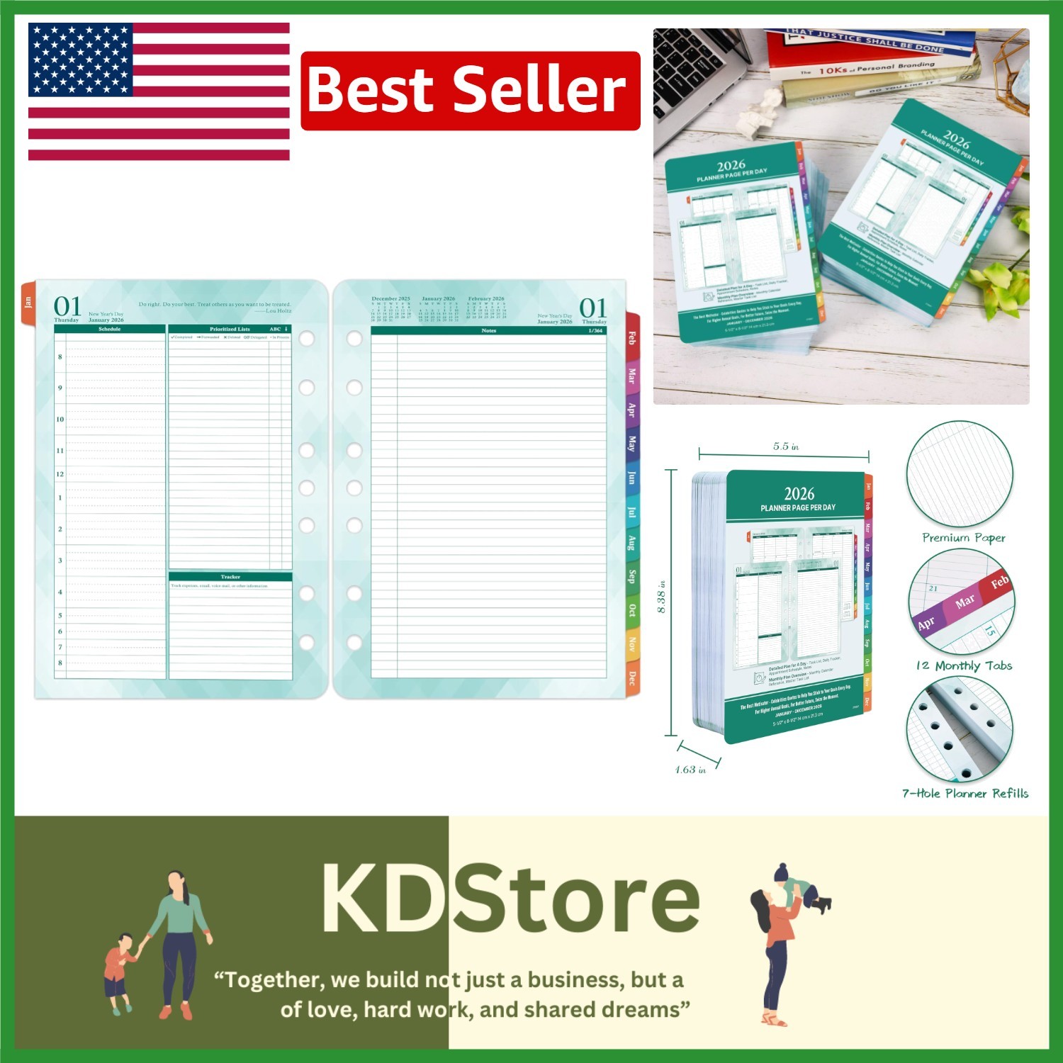 2026 Daily & Monthly Planner Refills 2 Pages Per Day Green 5.5×8.4 Inches