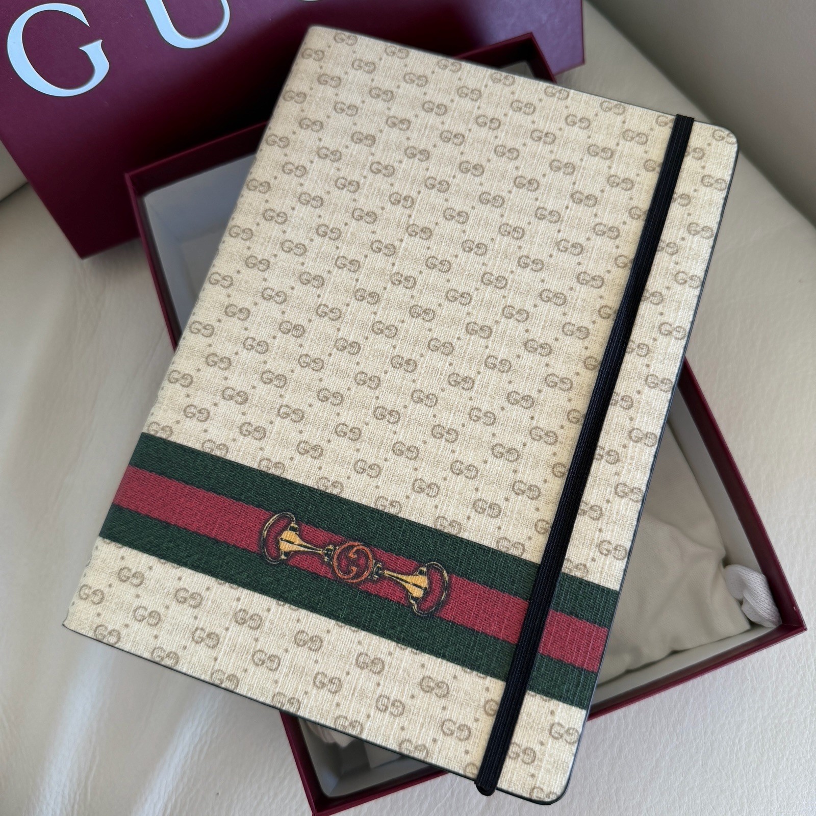 New Large Gucci Notebook with Web and Horsebit in Ivory and Brown mini GG