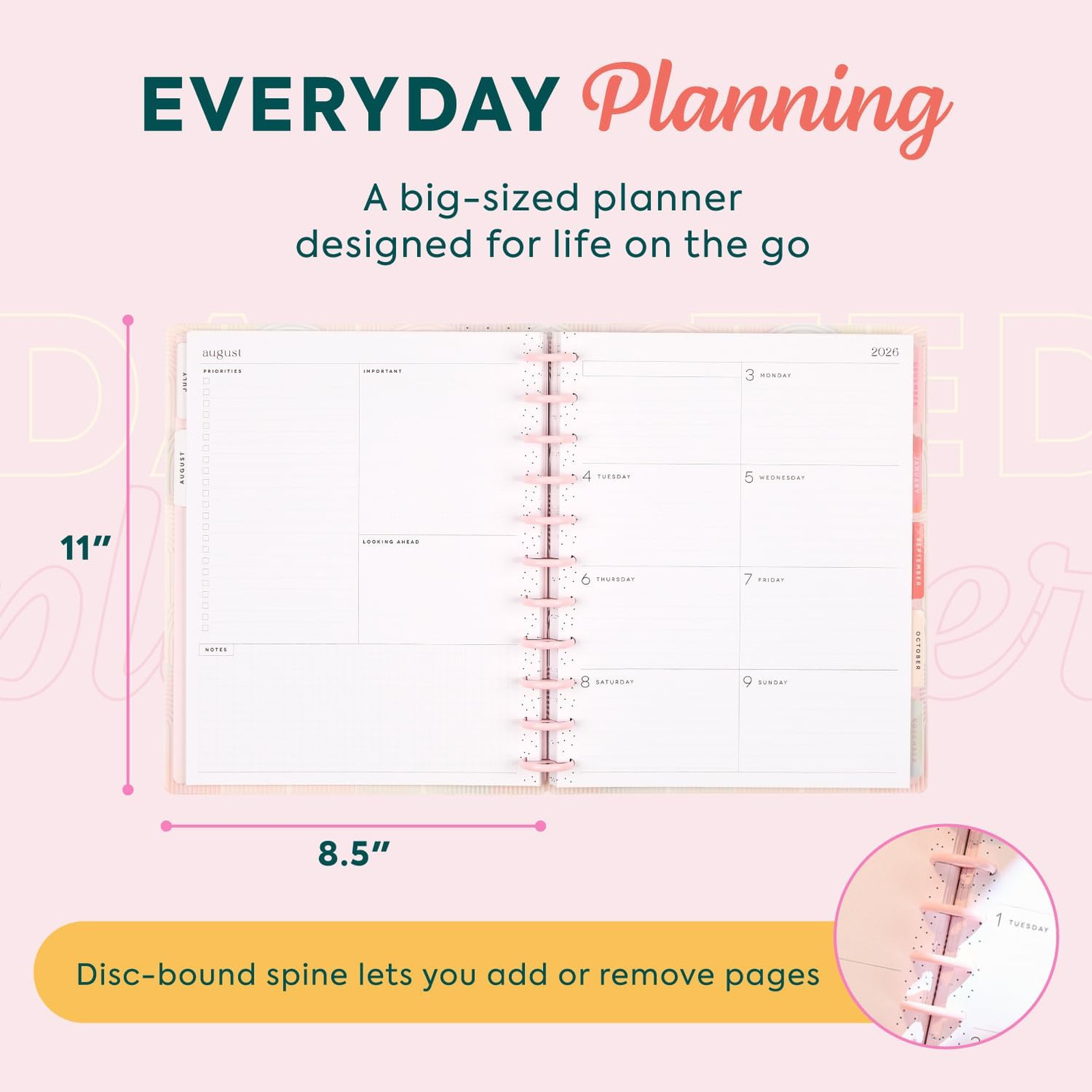 Disc Bound Planner July 2026 June 2027 Big Size 8.5×11 Dashboard Layout Spring