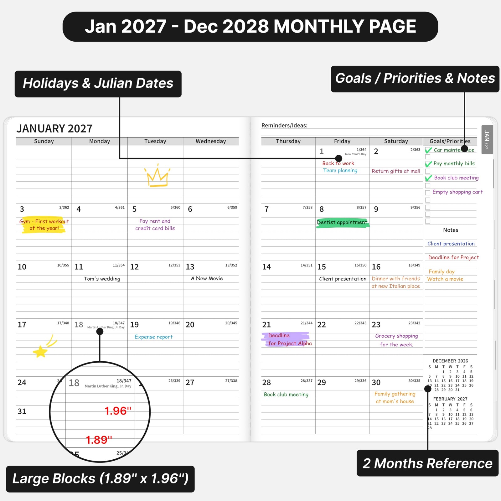 2027-2028 Monthly Planner, 2 Year Calendar Jan 2027 – Dec 2028,…