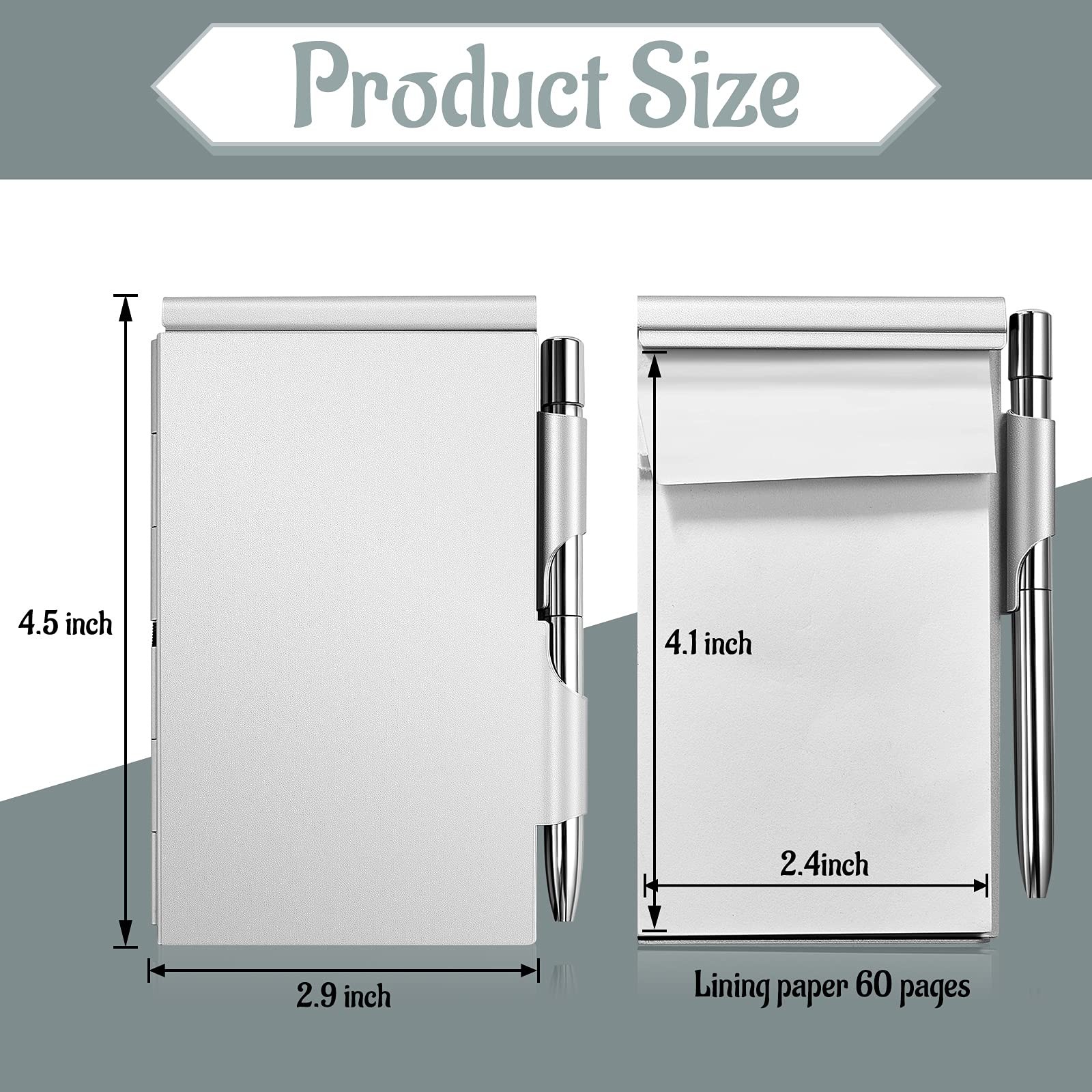 2 Pieces Metal Pocket Notebook with Pen and Refillable Paper, Black, Silver