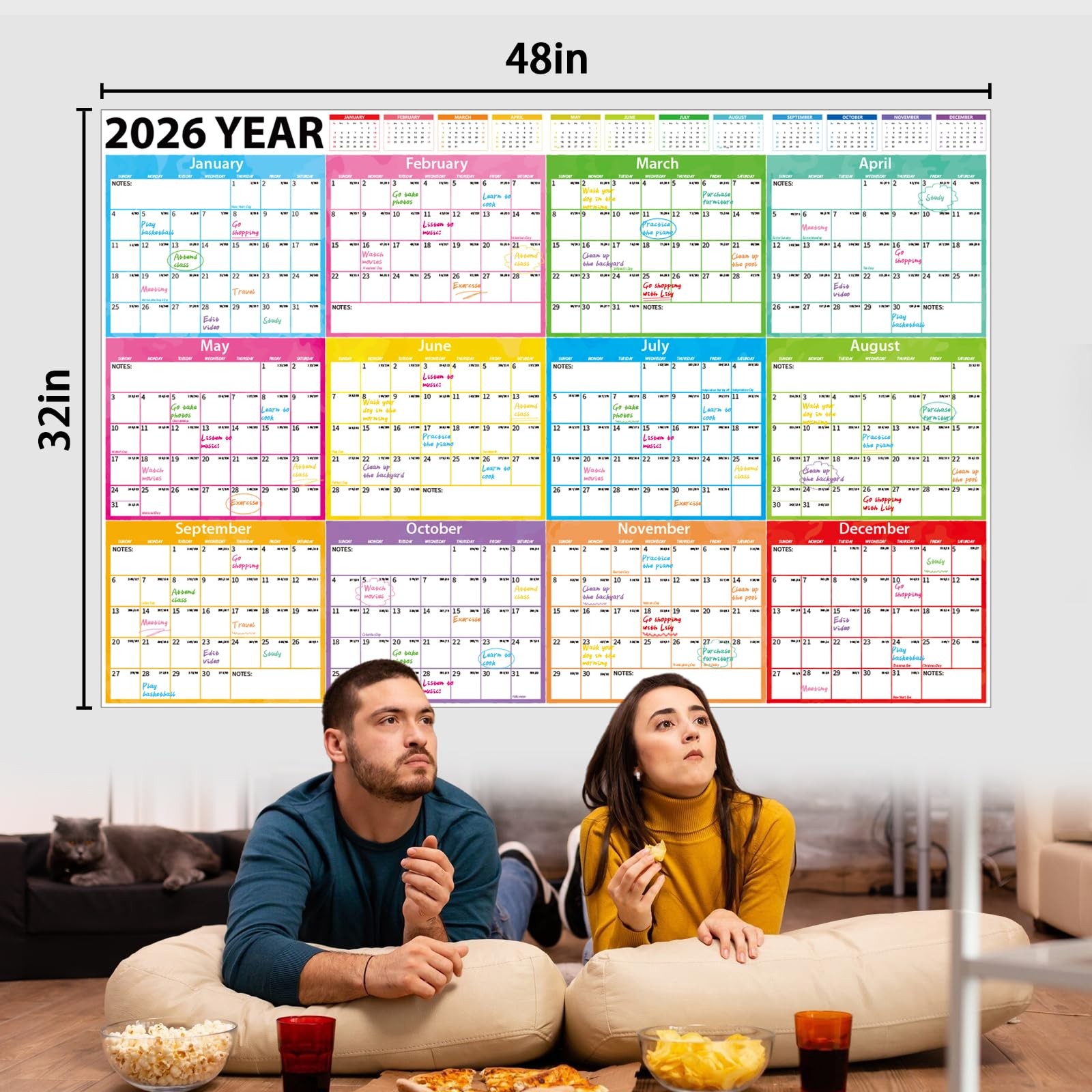 2026-2027 Large Dry Erase Calendar for Wall 48″ x 32″ x 32″, Colorful