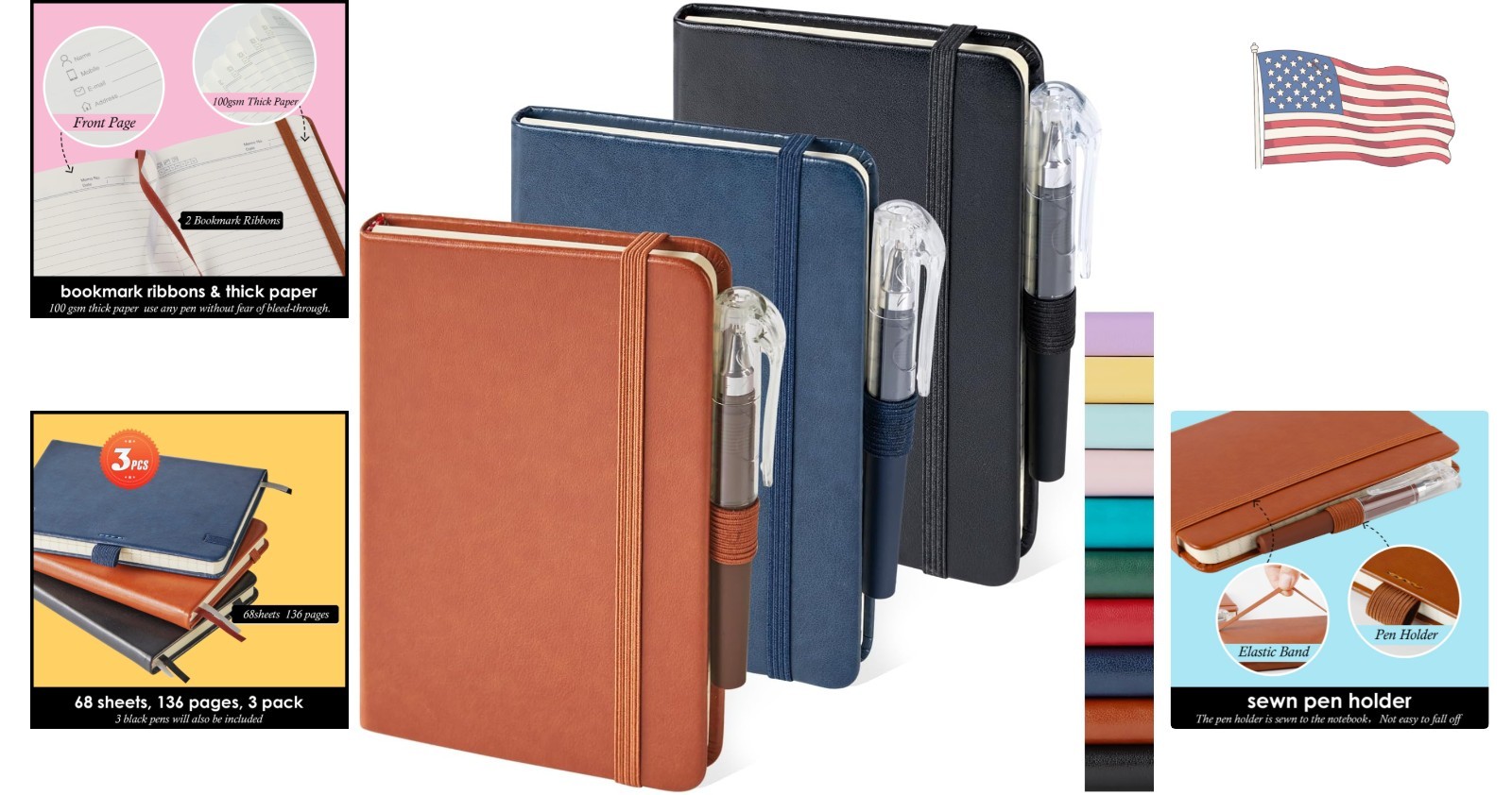 3-Pack Leather Pocket Notebooks with Pen Holder – A6 Mini Journals in 3 Colors