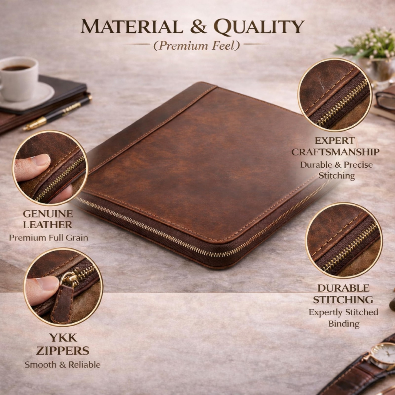 Genuine Leather Padfolio Zipper Portfolio with 13 Inch Laptop Pocket, Profess…