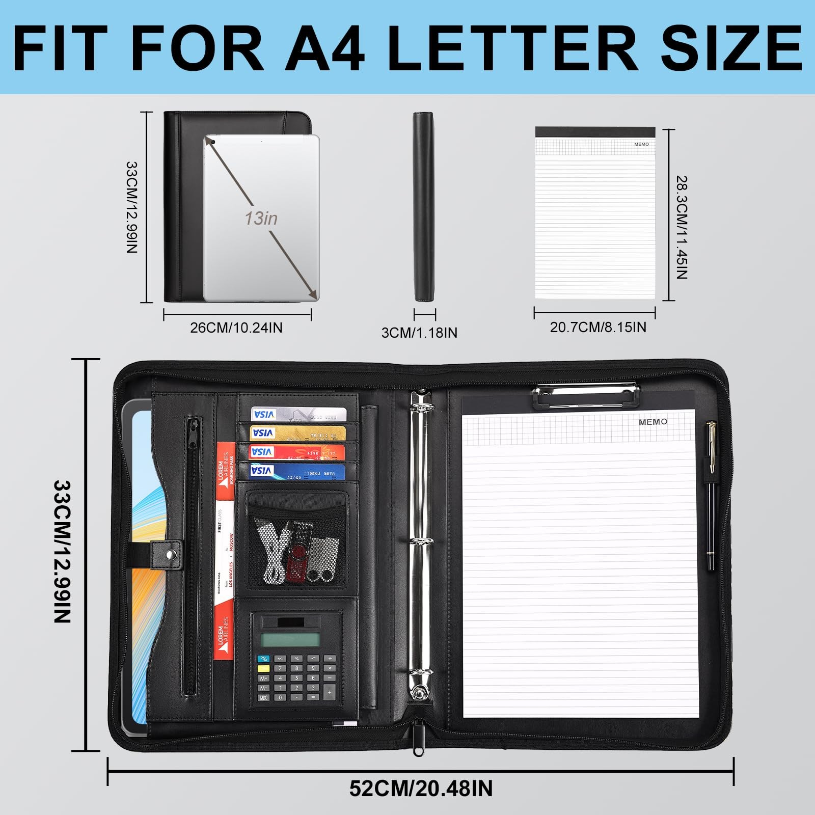 Padfolio Business Leather Portfolio Zippered Notebook Binder Office Organizer