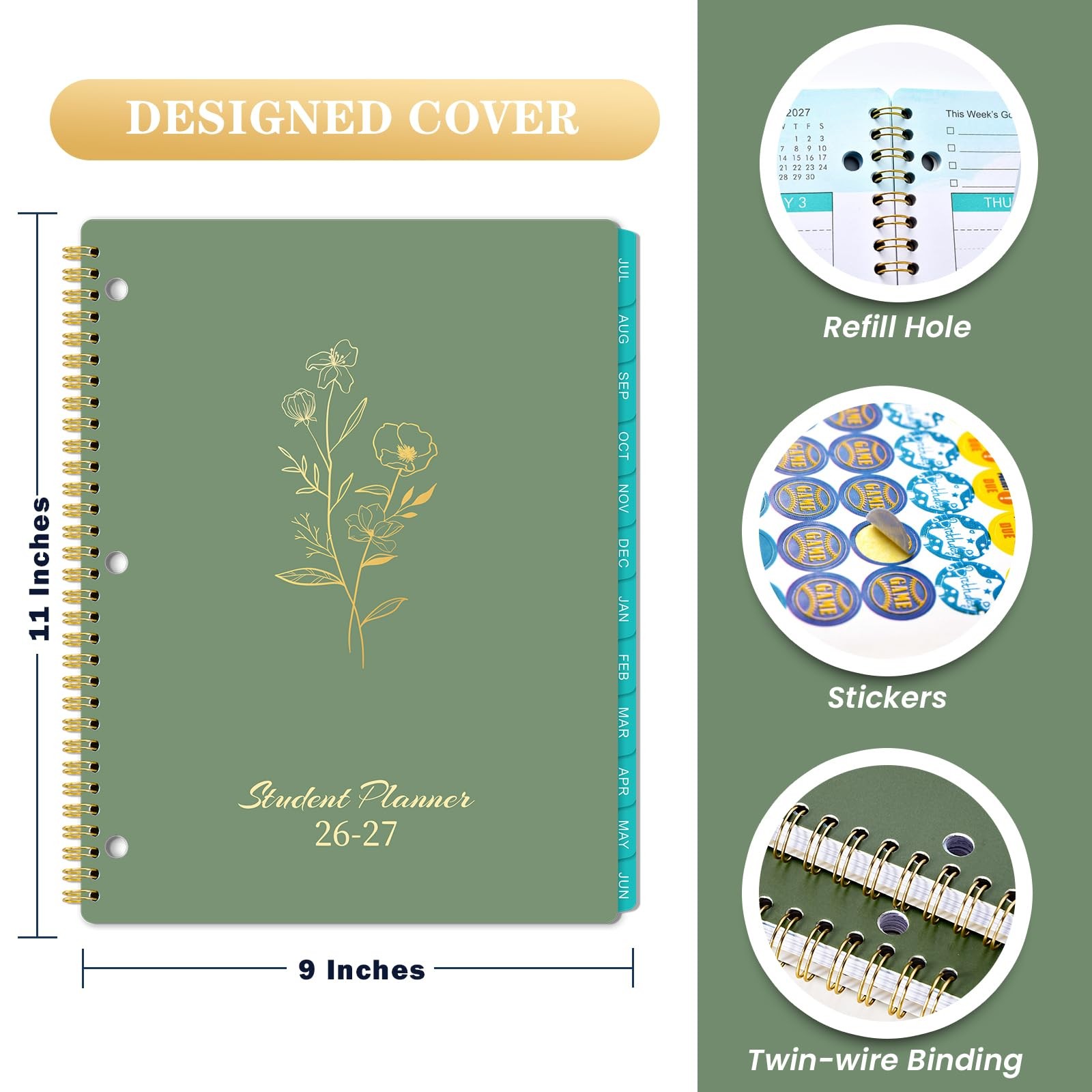 Student Planner 2026-2027 – School 2026-2027, JULY 9“ x 11”, Green